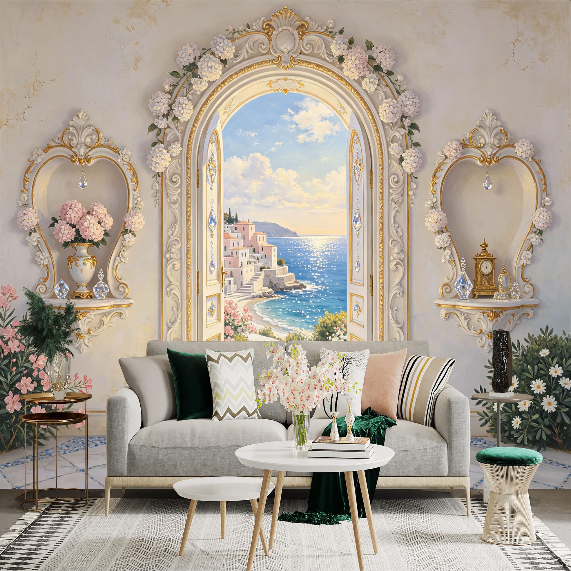 Lnzczhyre Bh260719025 Custom Size Wall Sticker Mural， Mediterranean Seaside View Through Open Door， Coastal Architecture， Classical Ornamentation， Floral Archway， For Wall Decoration， Peelandstick Wall Decals.