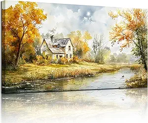 SERIMINO Autumn Nature Landscape Wall Art, Riverside Cottage Scenic Large Artwork, Rustic Farmhouse Oversized Wall Prints, Pastoral Canvas Paintings Wall Decor Living Room Bedroom Dining Room 30"X60"