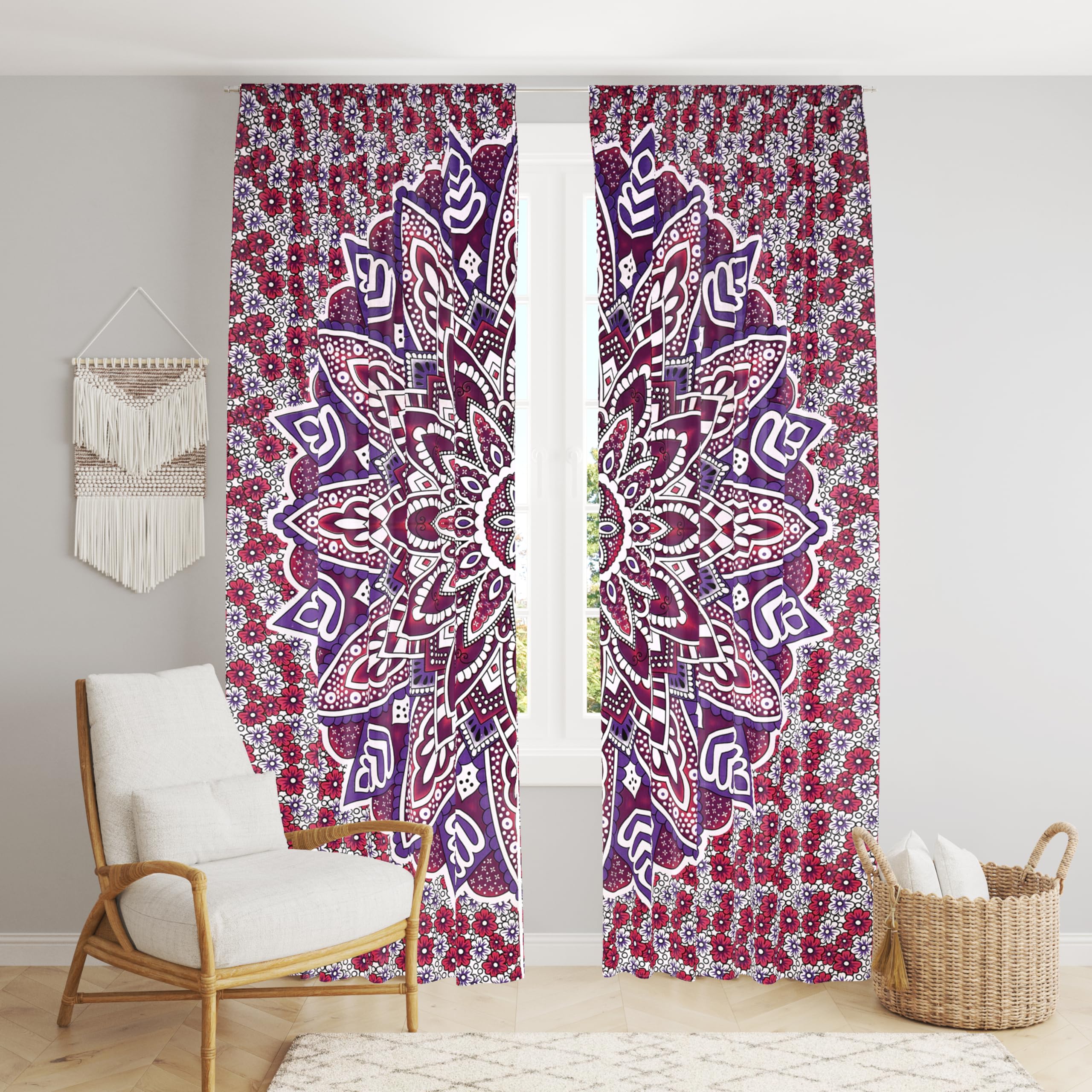 Bless International Beautiful Indian Bohemian Psychedelic Hippie Tree of Life Window Curtain Panels for Bedroom, Living, Balcony (Blue Red Passion Flower (38x83 Inches)(96x210 Cms))