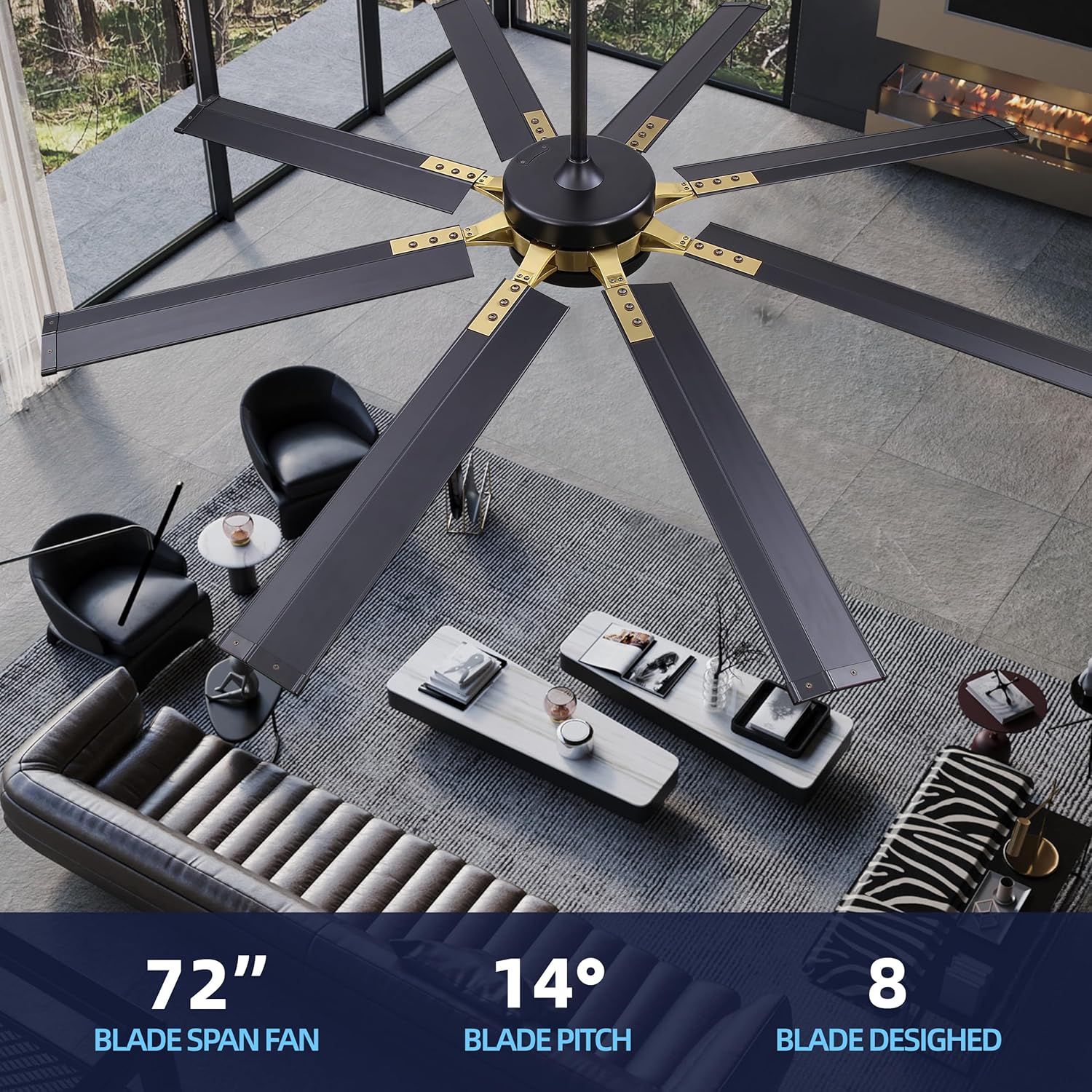 72'' Black and Brass 8-Blade Modern Ceiling Fan with LED Light