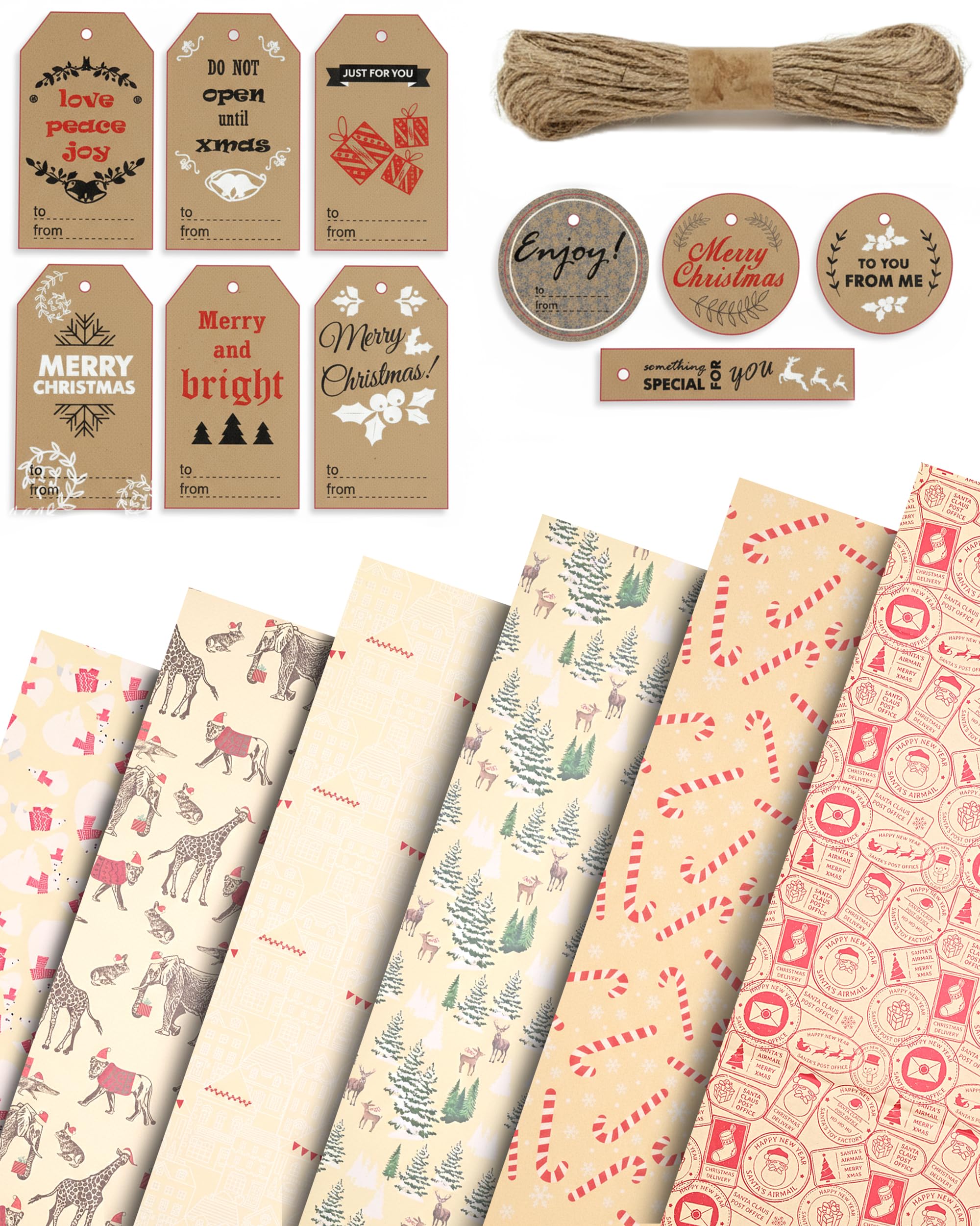 Kraft & Co - Christmas Wrapping Paper 12 Sheets - Recycled Kraft Gift Wrap Sheets 50 x 70cm, 6 Festive Holiday Designs with Tags & Twine, Eco Friendly, Biodegradable & Recyclable, Party