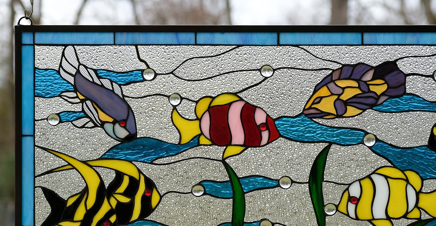 34.5" x 20.5" Fish Under the Sea Handcrafted Hanging Stained Glass Clear Window Panel.