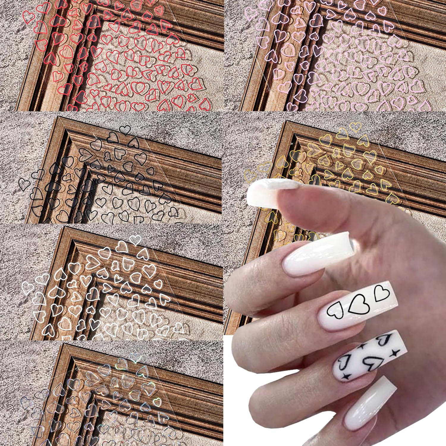6 Sheets Heart Nail Art Stickers French Hearts Love Nail Decals 3D Self Adhesive Nails Designs Red Pink Black White Gold Cute Hollow Out Heart Nails