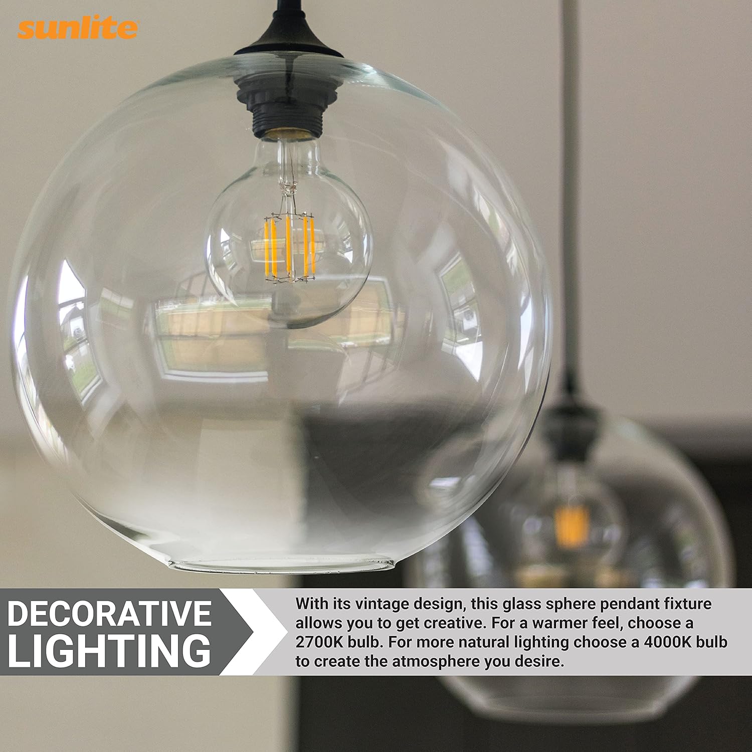 Sunlite 07092-SU Vintage-Inspired Glass Sphere Hanging Pendant Farmhouse Light Fixture, Retro Industrial Style, Medium (E26), 73-Inch Woven Braided Cord, 60 Watts Max (Bulb Not Included), Black Base