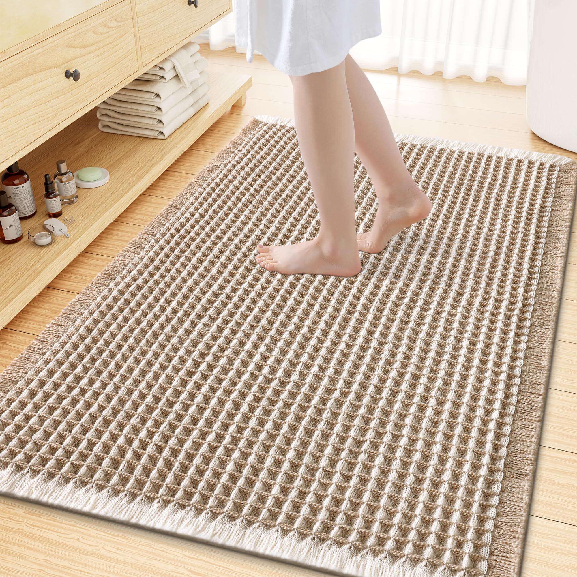 Smiry Waffle Bath Mat 59X35, Soft Absorbent Bathroom Rugs, Brown &amp; Cream
