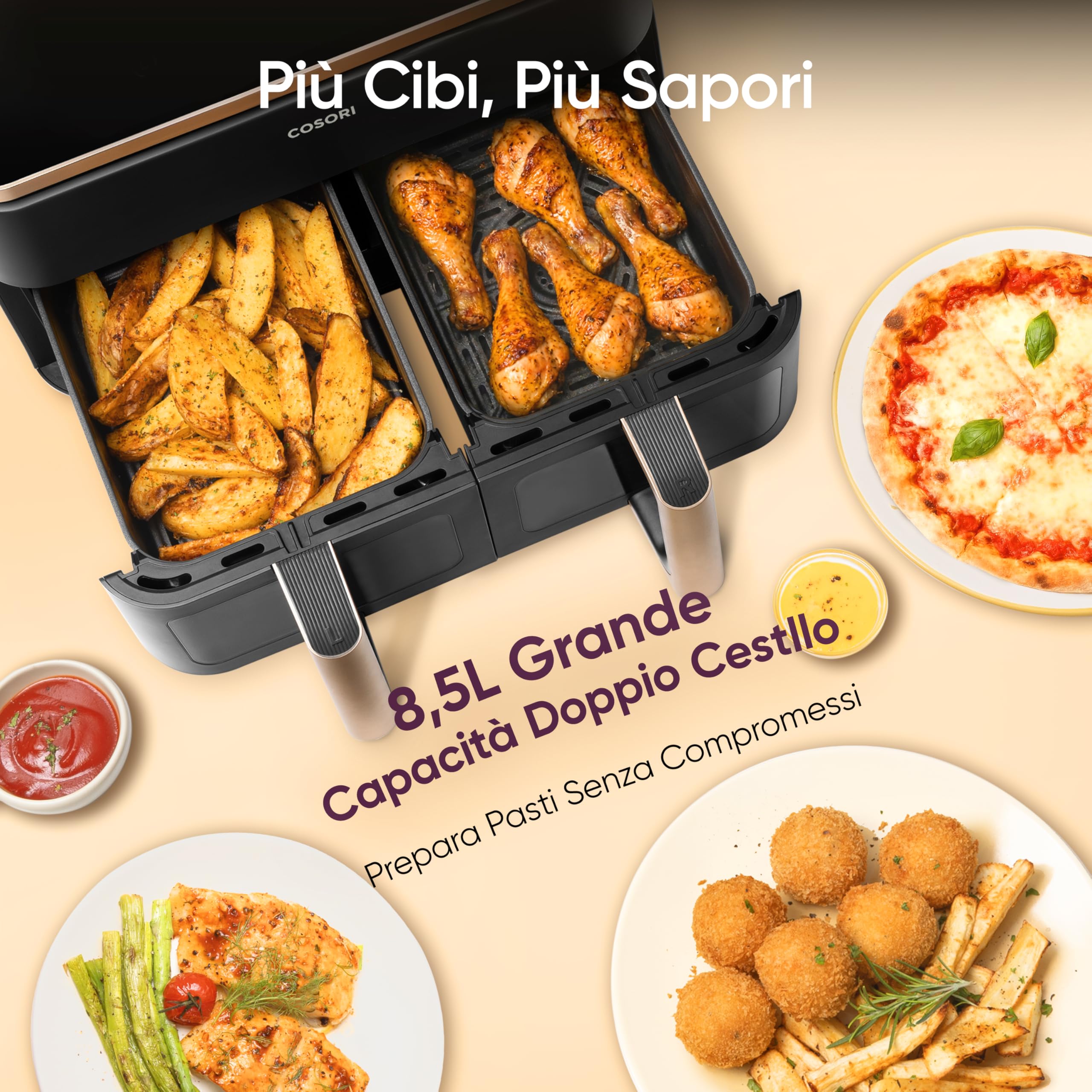 COSORI Friggitrice ad Aria Doppio Cestello, 8,5 Litri Grande Capacità del Air Fryer, Funzione 8 in 1, 35-230°C, Veloce ed Efficiente, Finestra, CAF-R903, Oro