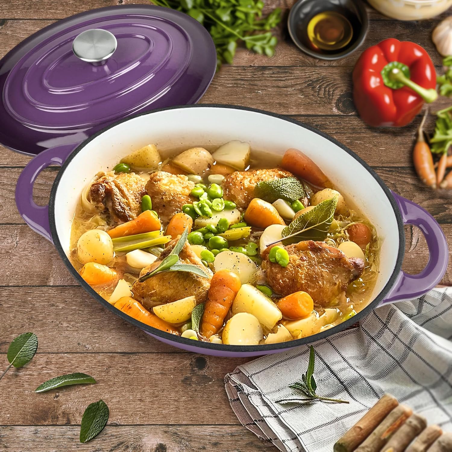 5.5 Quart Oval Enameled Cast Iron Dutch Oven Pot with Lid, Oven Safe up to 550° F & Dishwasher Safe, Sturdy Dutch Oven Cookware (Purple, 5.5 QT)