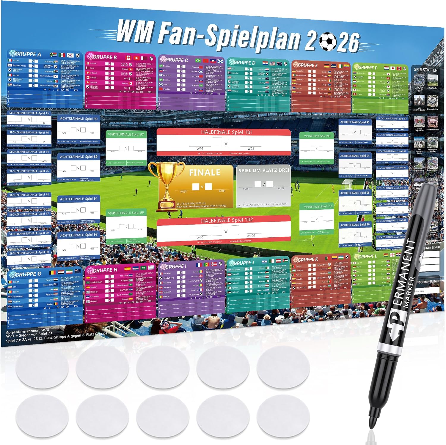 Fussball WM Spielplan 2026 Poster 100 x 70cm - Deutsch Fussball Geschenke Poster für Fussballfans, Enthält 48 Mannschaften, 104 Spielen, Fanartikel Fußball Turnier Fan Planer für Zuhause Party Deko