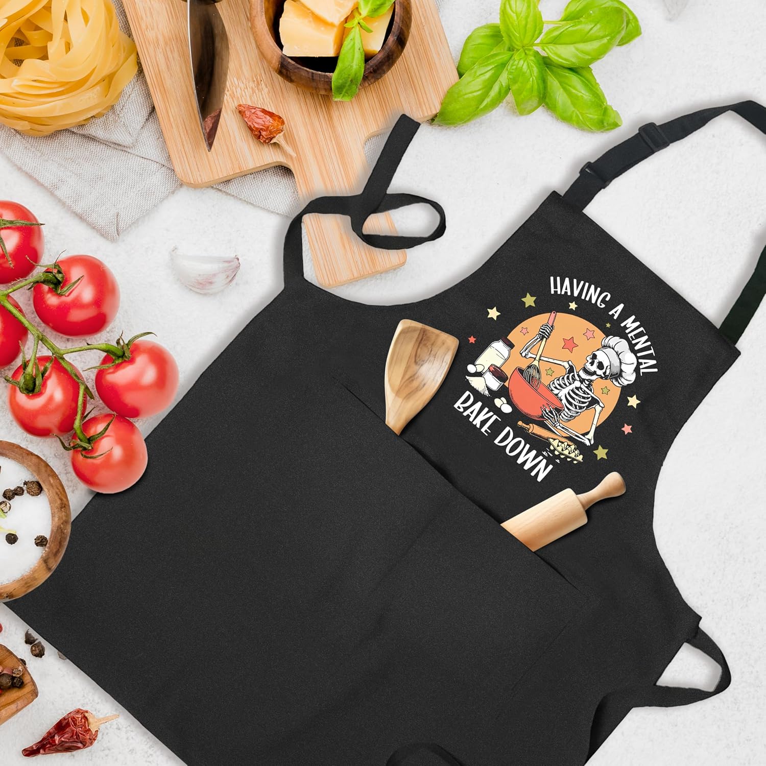 Funny Gothic Skeleton Baking Apron with Pockets, Funny Baking Gifts, Having a Mental Bake Down Waterproof Adjustable Cooking Apron for Kitchen Dishwashing Grilling - Image 5