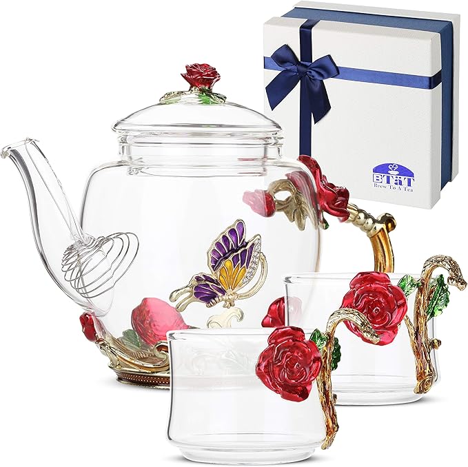 BTaT Floral Glass Tea Set, 2 Fancy Cups, Small Glass Tea