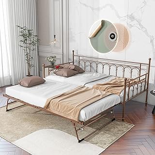 FULLJOJOR Upgraded Metal Day Bed with Trundle Bed Twin Daybed with Trundle Twin Size, Space Saving Daybed with Pop Up Trundle Bed Frame for Adults, Vintage Guest Room Bed for Home