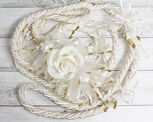 Hermoso oro marfil blanco entrelazado plata adorno acento cuerda Migajon Lazo boda lazo tradicional Lazos De Boda Tradicional nupcial caja de regalo
