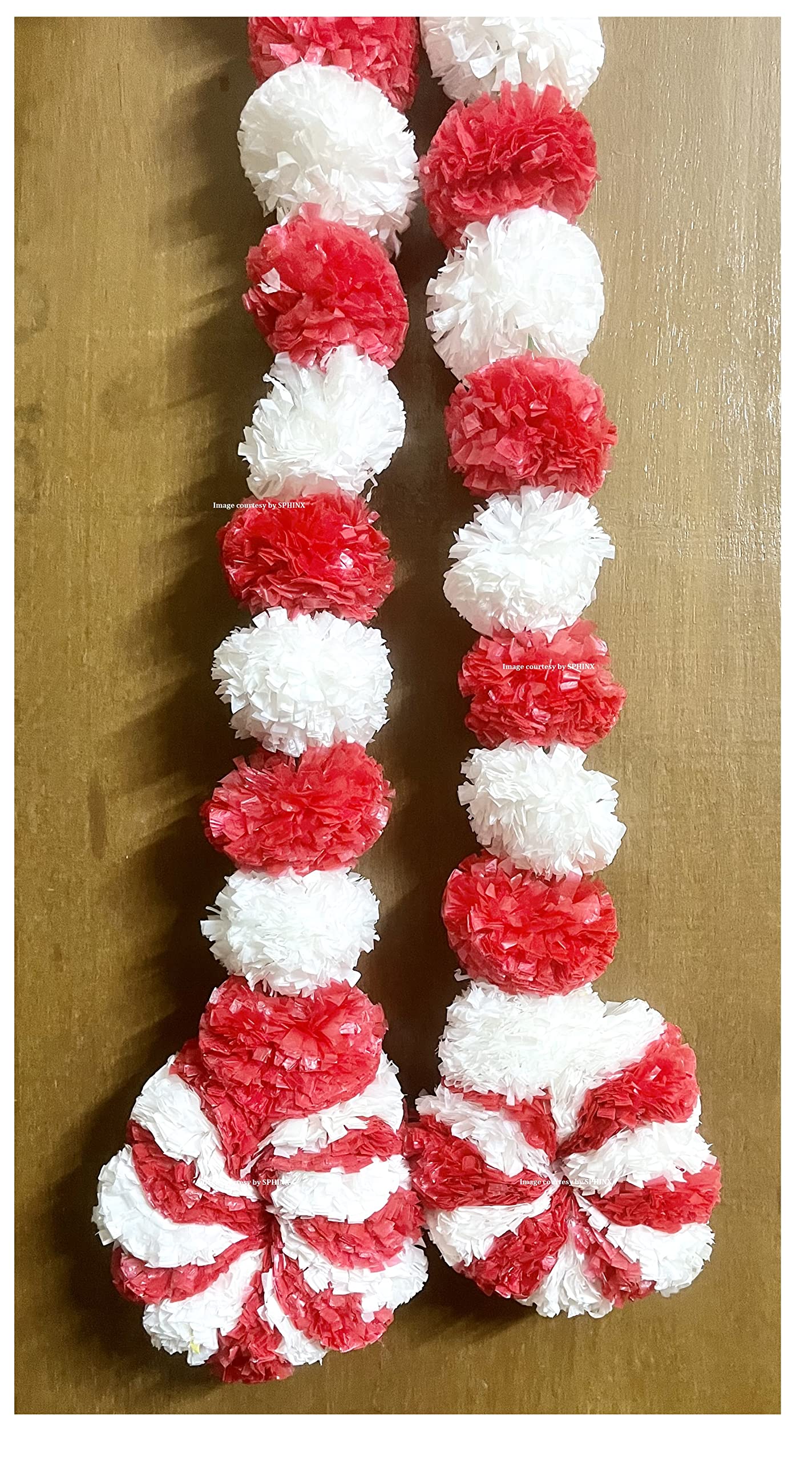 Sphinx artificial marigold fluffy flowers round bottom garlands/strings/latkans for festive pooja wedding housewarming decorations Approx. 1.75 ft - (White & Red, 6)