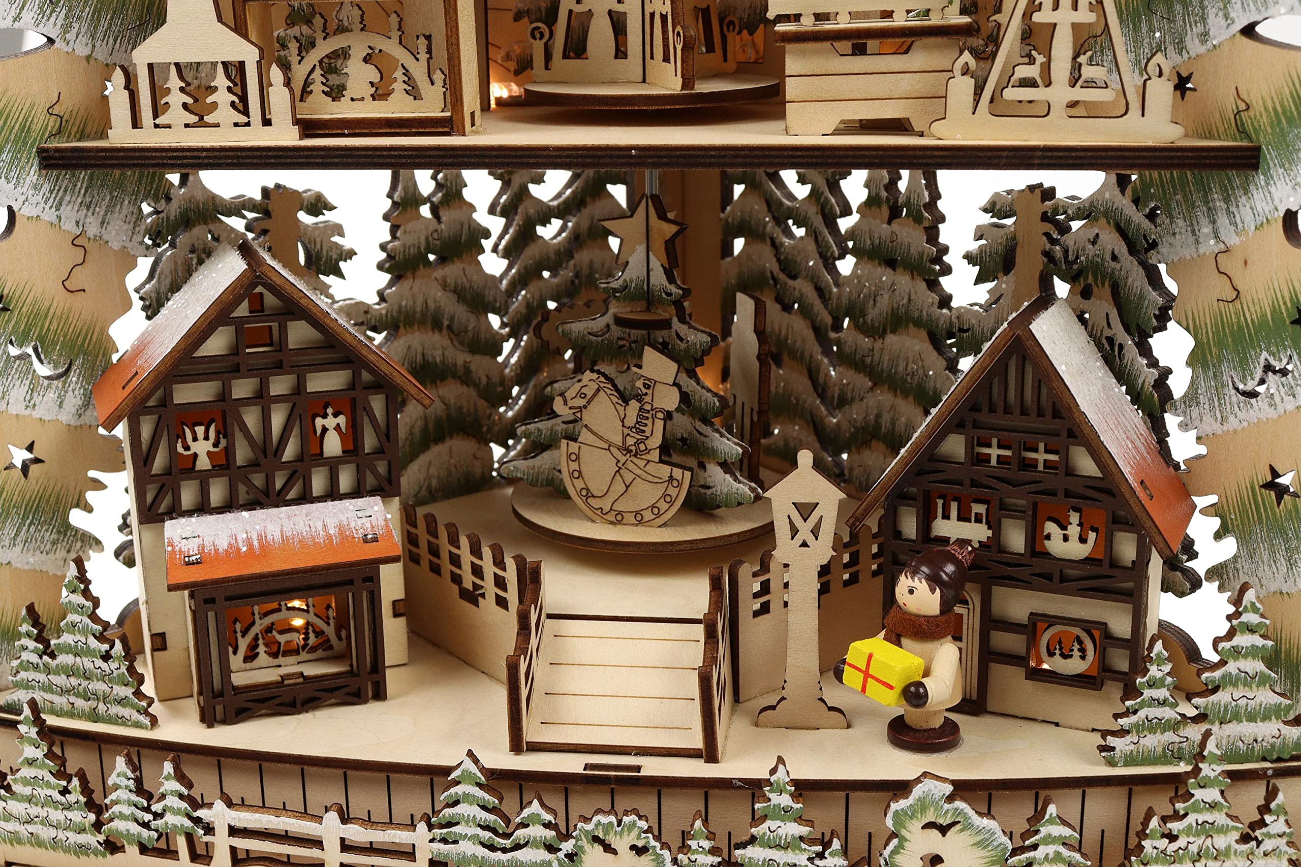ELLUG 3D Eck-Lichterspitze Holzschnitt als Tannenbaum aus Holz mit Drehelementen zum Stellen mit Licht 33 * 18 * 53cm batteriebetrieben mit On-Off Schalter, Timer Funktion (6h On/18h Off)