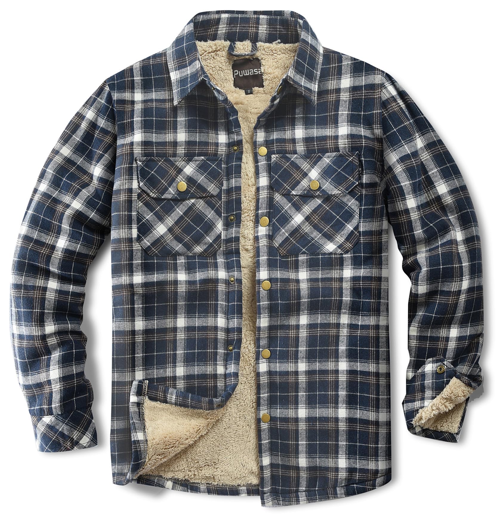 Men's Sherpa Lined Cotton Flannel Shirt Jacket Plaid Button Up Jacket Coat for Men with Pocket