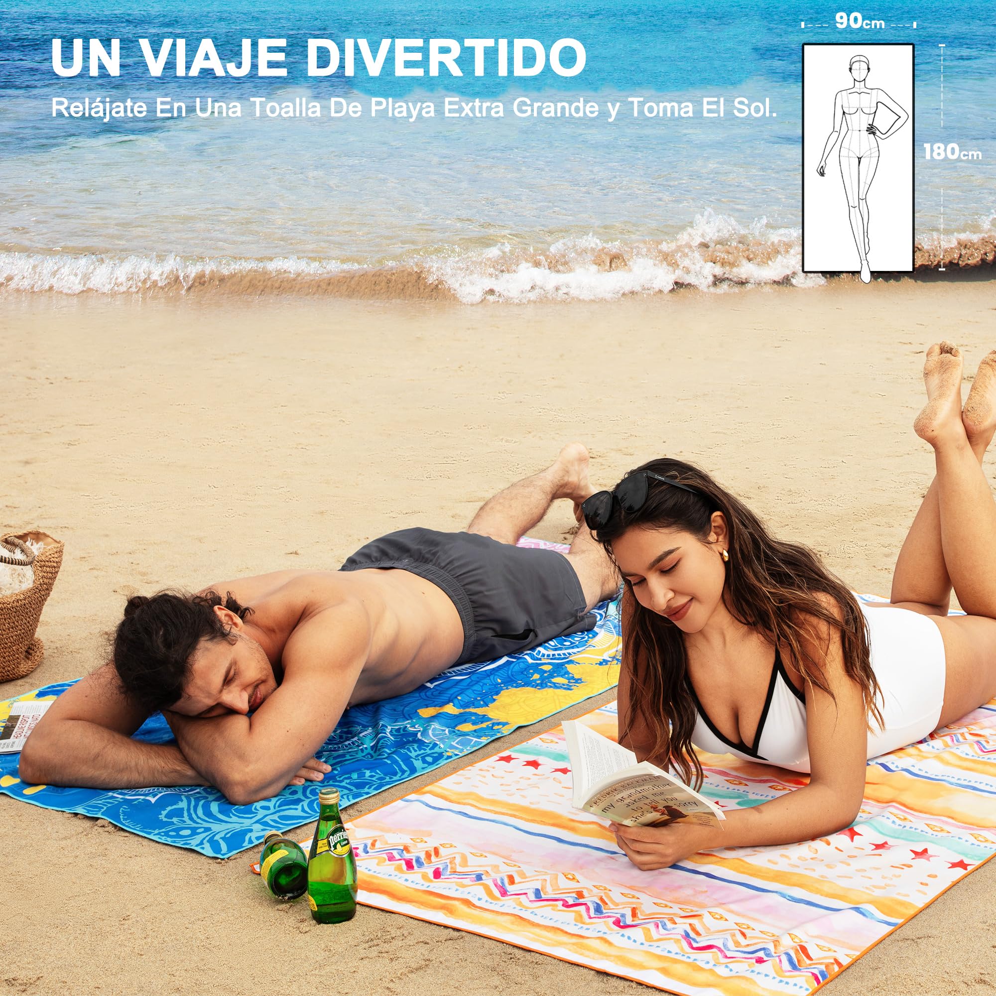 Winthome Toalla Playa Reversible 180x90cm Microfibra Ligera Secado Rápido Sin Arena 1 Pack