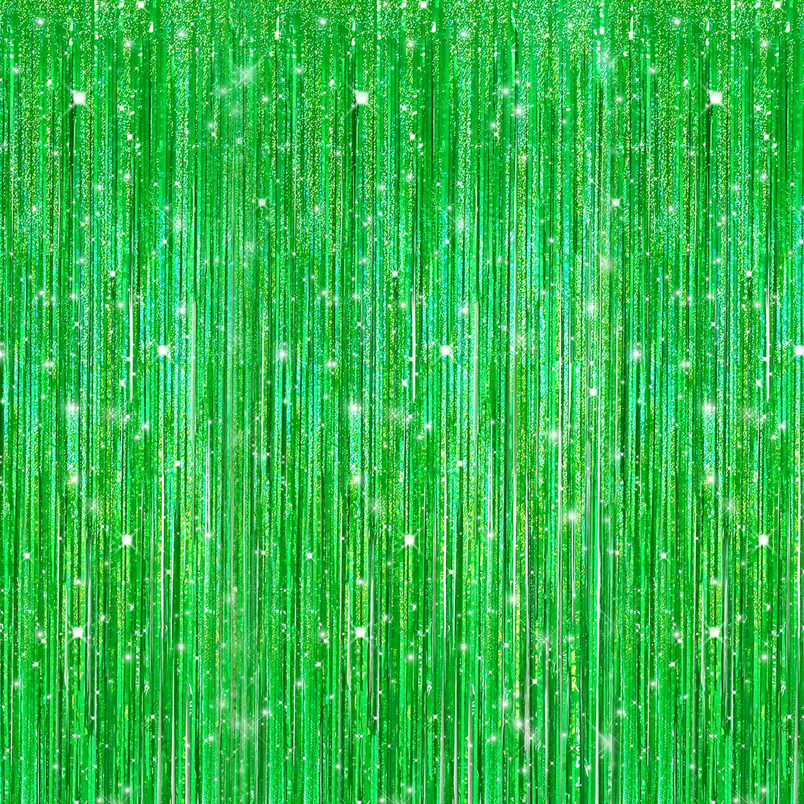 Crosize 2 Pack Laser Green Party Streamers Backdrop, 3.3 x 9.9 ft | Tinsel Foil Fringe Curtain, Birthday Decorations, Party Decor, Door Streamers, Patrick's Day Christmas Party Decorations