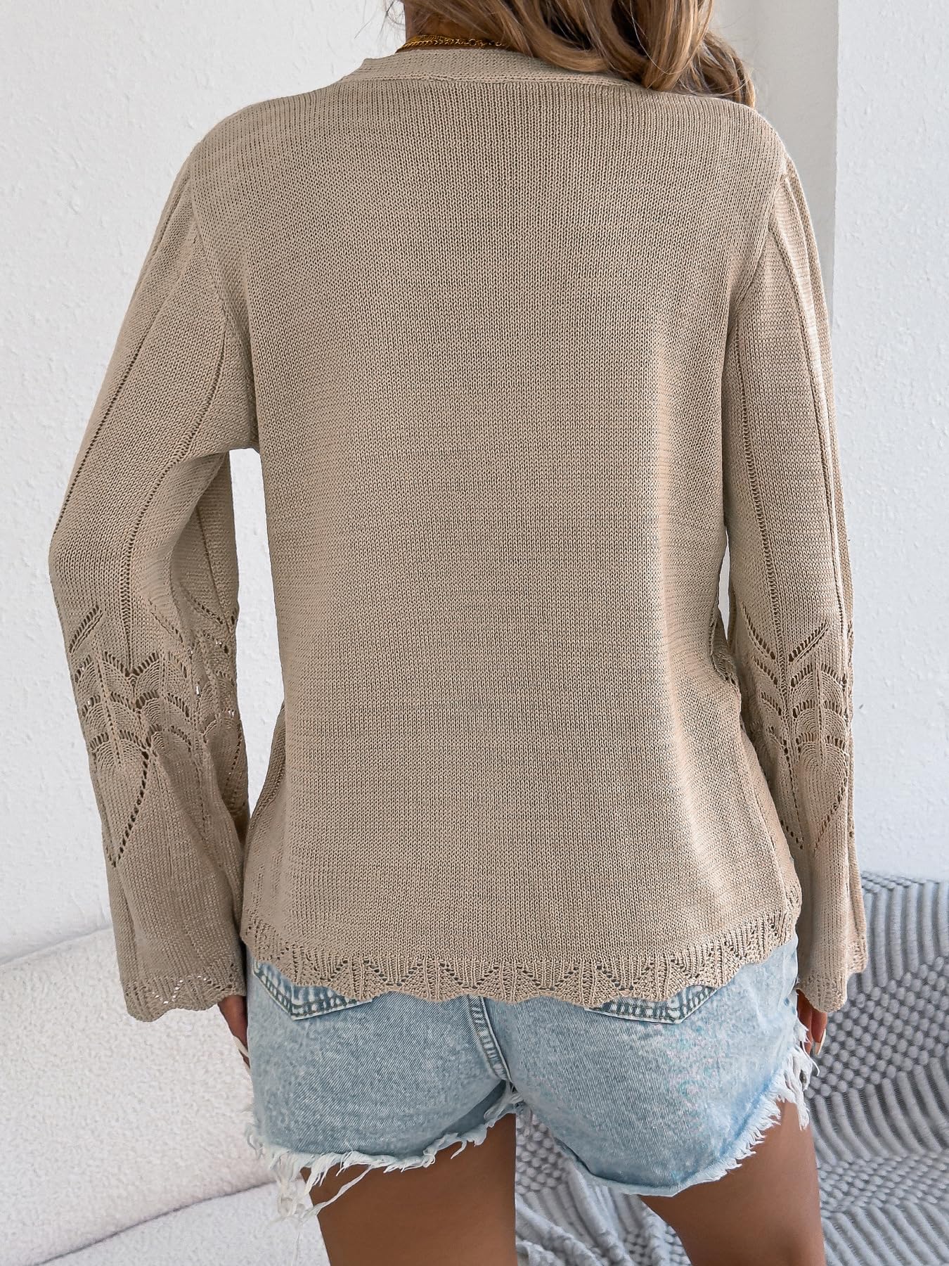 Damen Häkelcardigan Leichte Krawatte Vorne V Ausschnitt Pullover Cardigan Langärmellige Hohle Sommer Überziehjacke für Strandurlaub Im Alltag