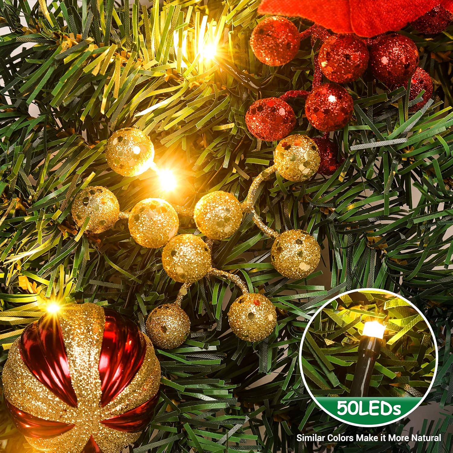 Quntis 9FT Prelit Christmas Garland with 50 LED Timer Lights, Christmas Decorations Poinsettia Garland for Mantle, 8 Mode Pinecones Berry Garlands for Fireplace Stairs Tree Outdoor Indoor Holiday