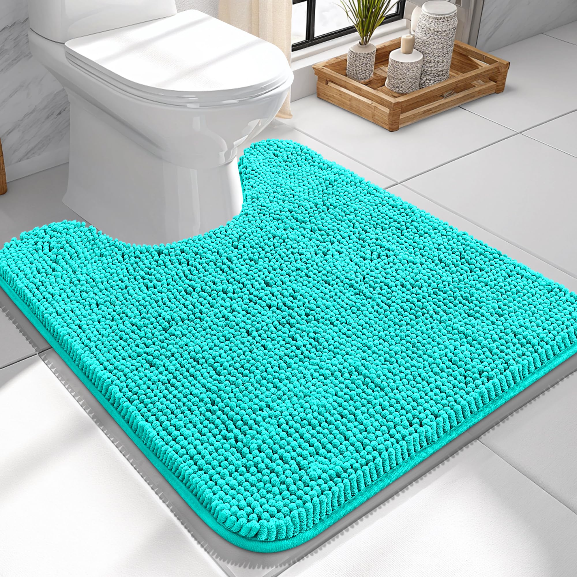 OLANLY Toilet Rugs U-Shaped 24x24, Soft Absorbent Chenille Contour Rugs | Teal, Quick-Drying Rubber Backing, Machine Washable Non-Slip Shaggy Bathroom Mat for Toilet, Home Decor Accessories