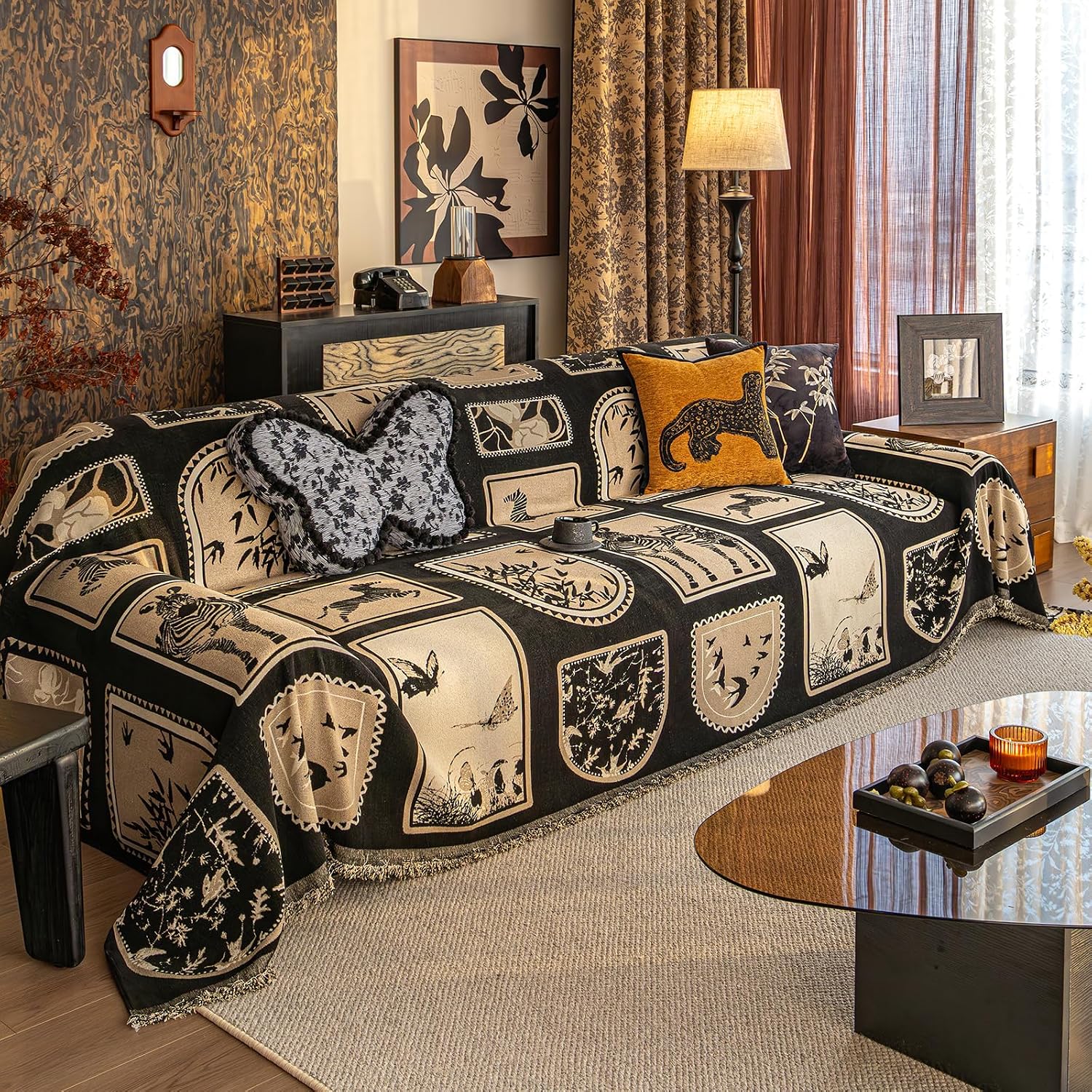 ROOMLIFE Black Couch Cover 3 Cushion Sofa, Washable Non Slip Furniture Sofa Protector Cover, Soft Chenille Sofa Slipcovers Sectional L Shape Dogs Couch Cover Throw Blanket with Tassels71''X118''