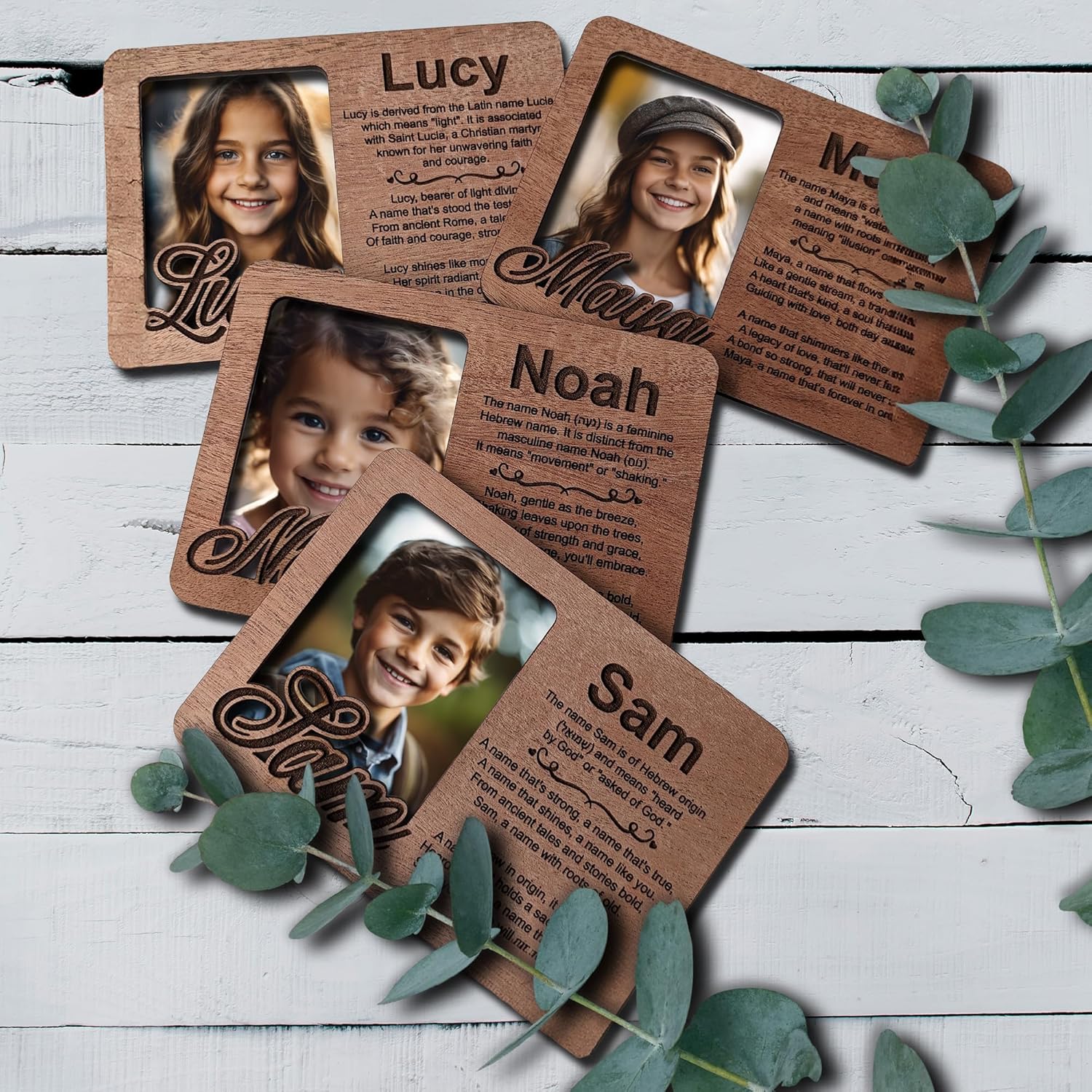 Customizable Wooden Magnetic Picture Frame with Name Origin and Poem - Personalized Fridge Magnet - 7"x5"
