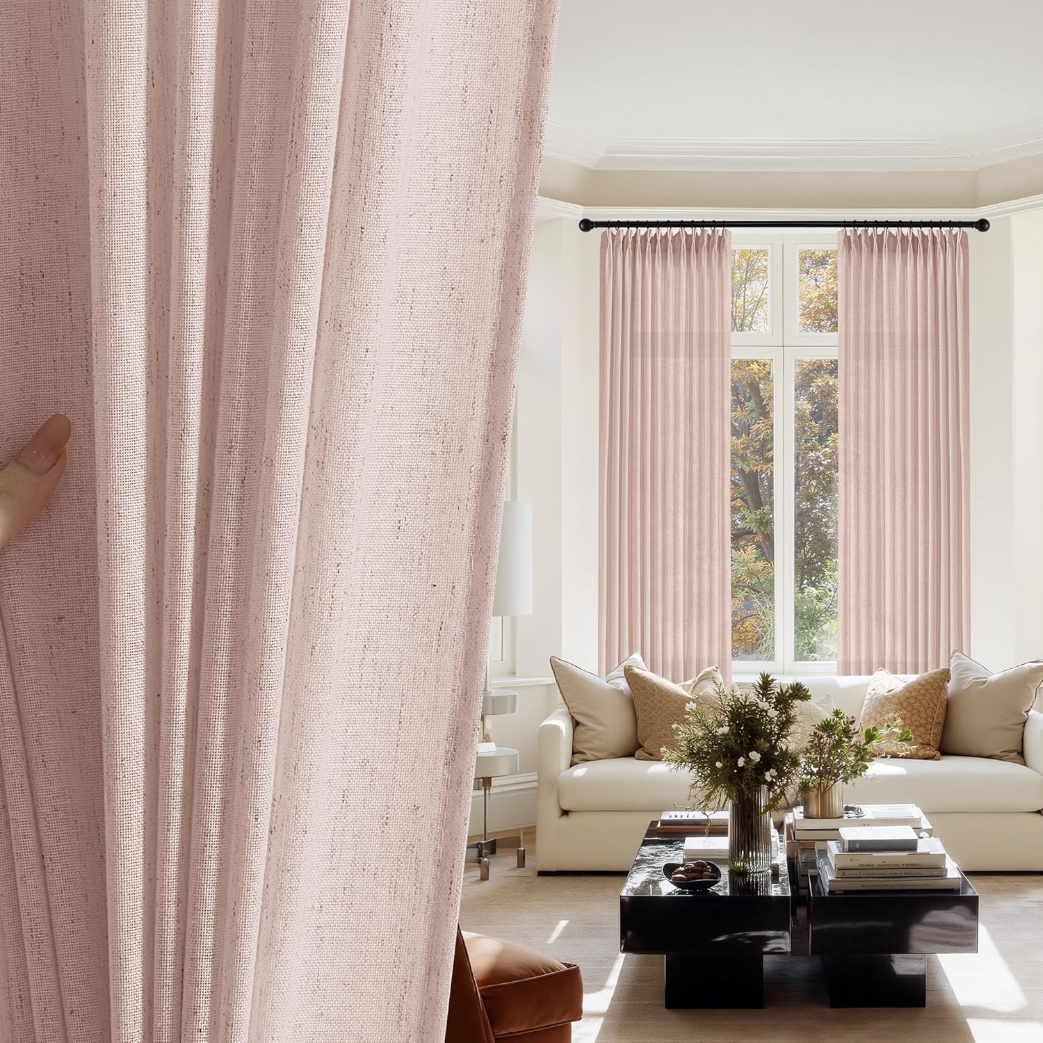 PONY DANCE Coral Pink Linen Curtains 90 inch Long, Pinch Pleated Farmhouse Light Filtering Curtain Drapes for Bedroom Living Room,Back Tab Boho Linen Textured with Hooks,40Wx90L,2 Panels Set