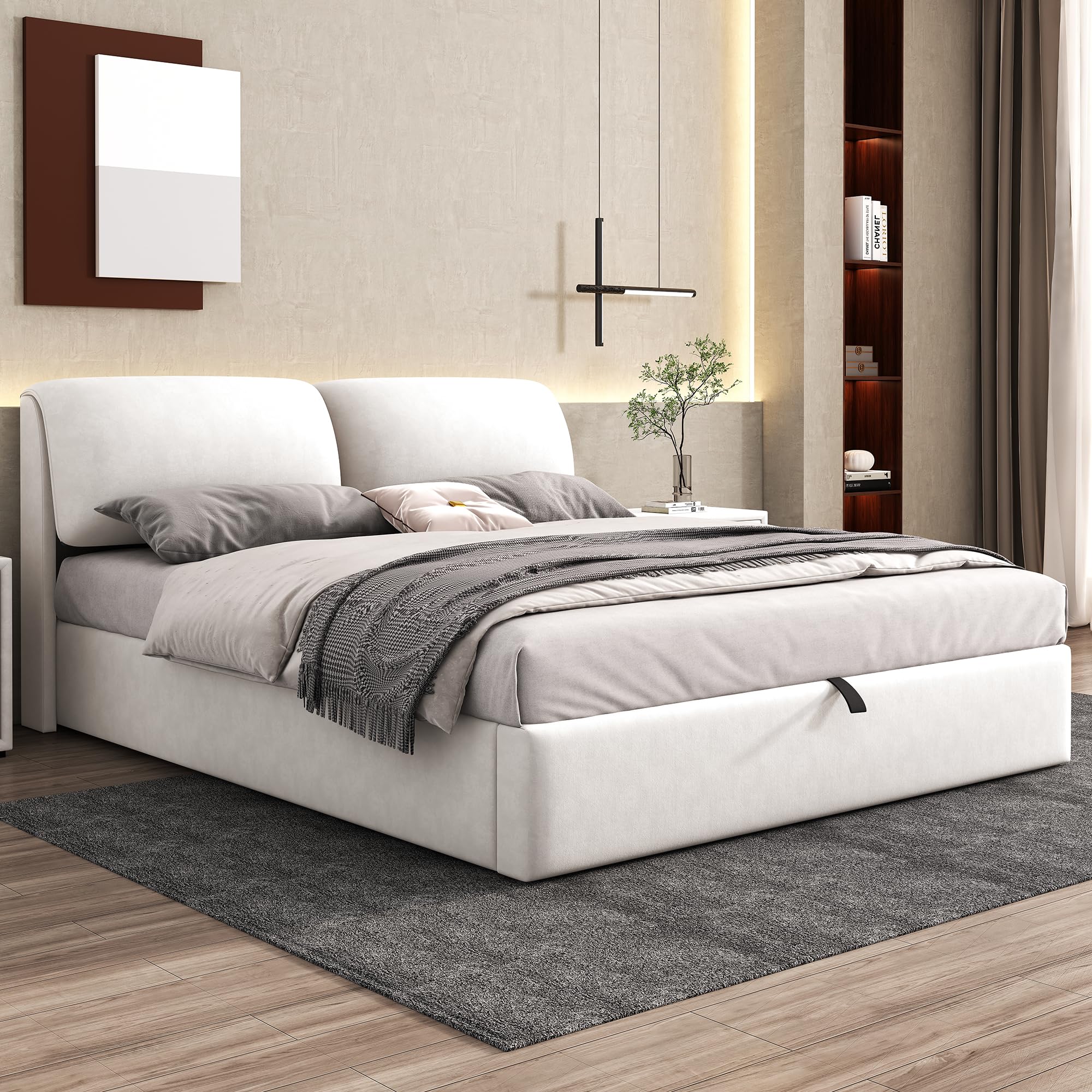 Zepneiy Lit Double180x200 avec Sommier hydraulique et 3 Tiroirs, Lit Coffre 180x200 avec Rangement et Tete de, Velours Beige(sans Matelas)
