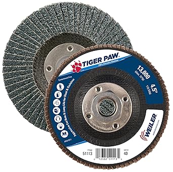 Weiler 51113 Tiger Paw High Performance Abrasive Flap Disc Type 27 Flat Style Phenolic Backing Zirconia Alumina 4-1/2 Diameter 5/8 -11 Arbor 40 Grit 13000 RPM (Pack of 10)