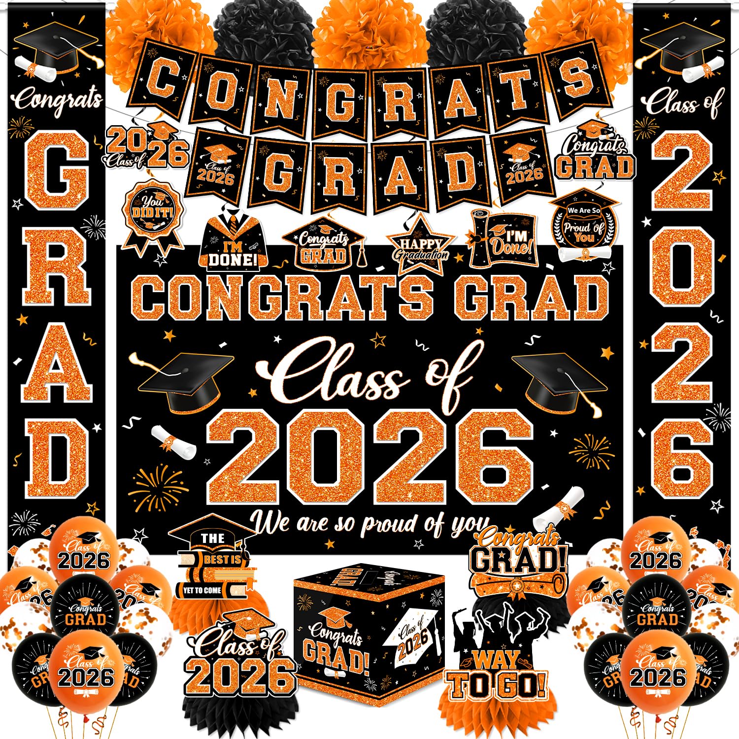 Graduation Decorations Class of 2026,Orange and Black Graduation Decorations 2026- Congrats Grad Decorations Orange Banner＆Hanging Swirls,Card Box,