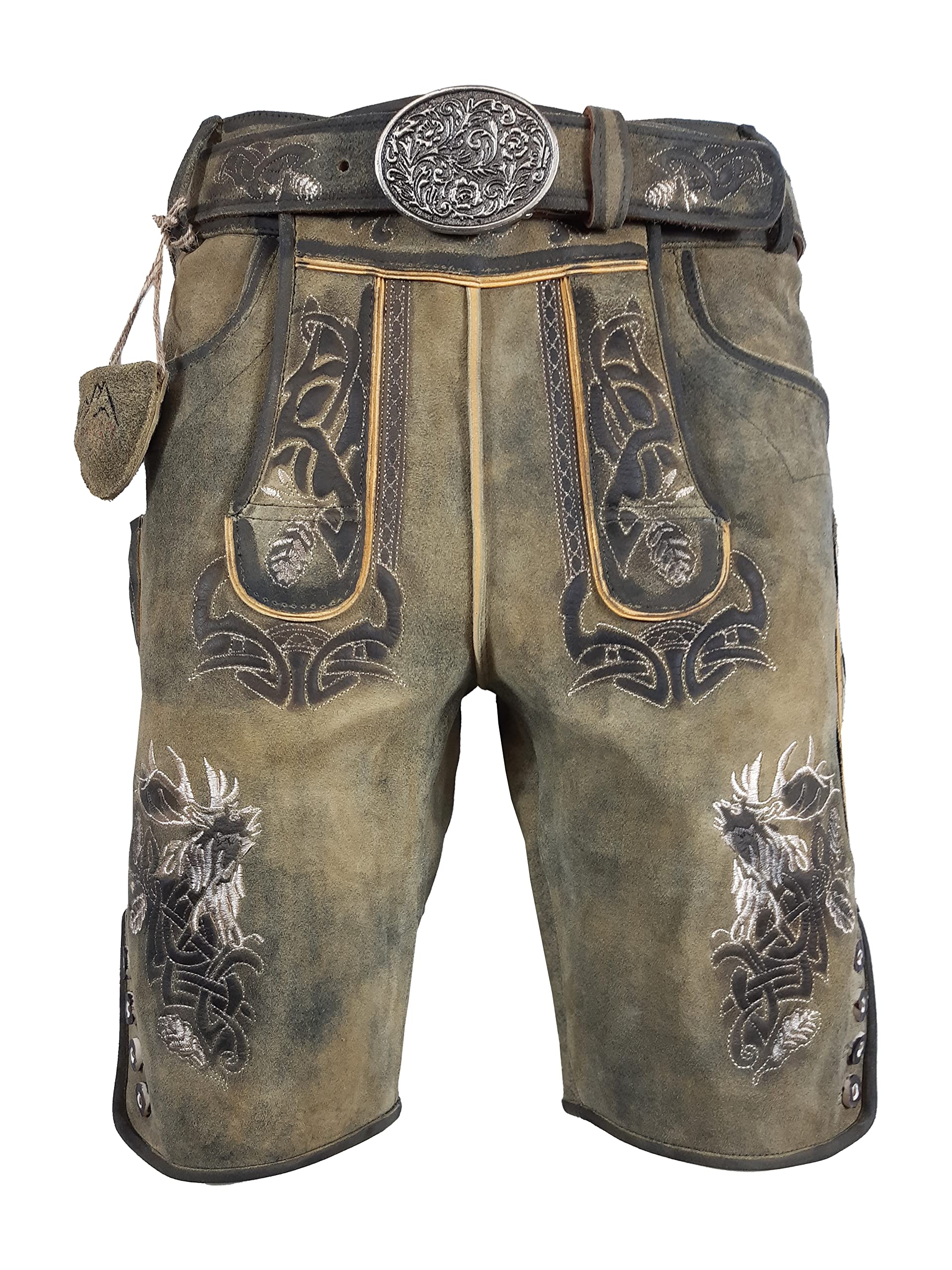 Kurze Herren Trachten Lederhose mit Gürtel, Max 48 Oliv