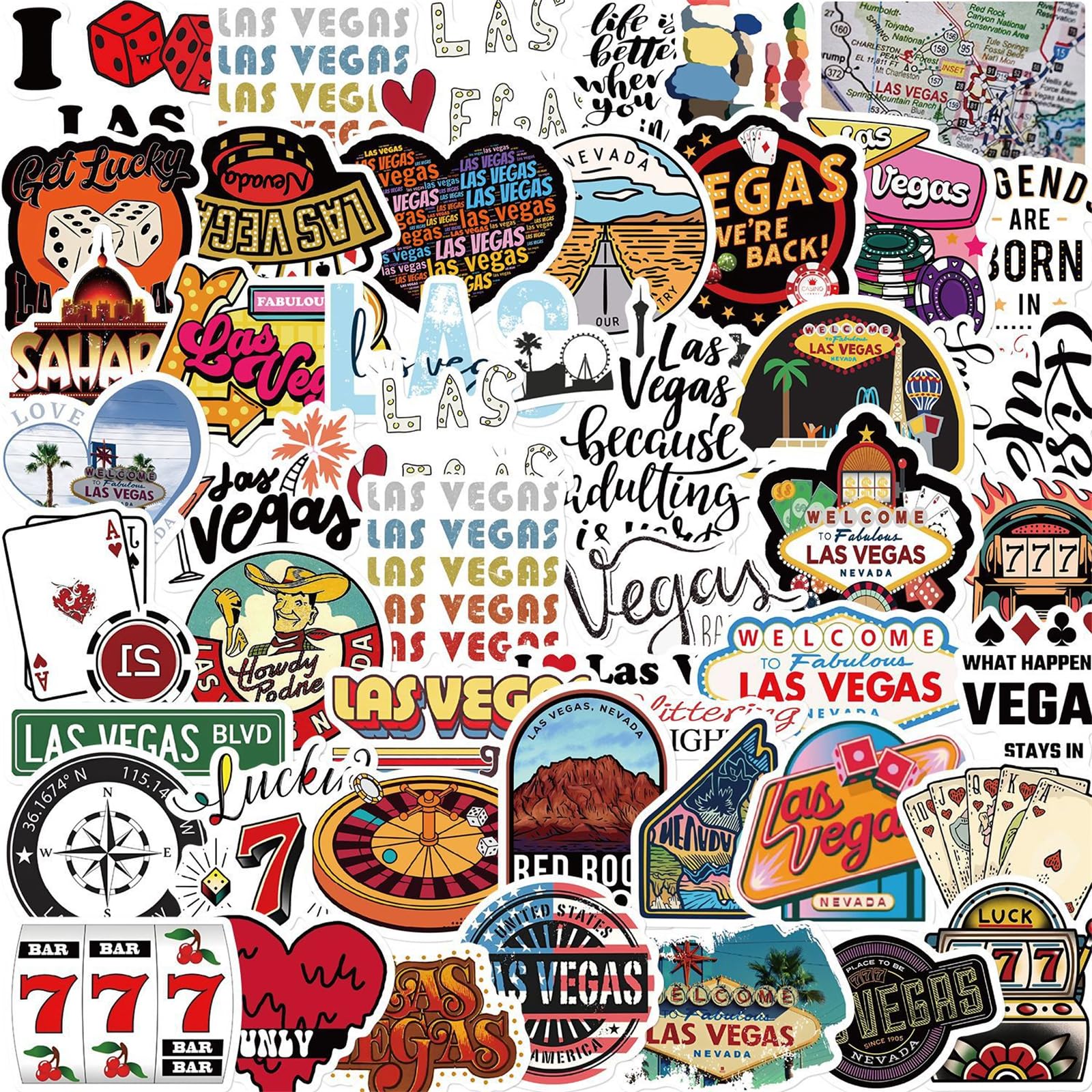 50PCS Nevada Stickers Las Vegas Stickers Pack, Travel Aesthetic Vinyl Waterproof Sticker Decals for Water Bottle,Skateboard,Laptop,Journal,Car Gifts for Kids Teens Adults for Party Supply Reward