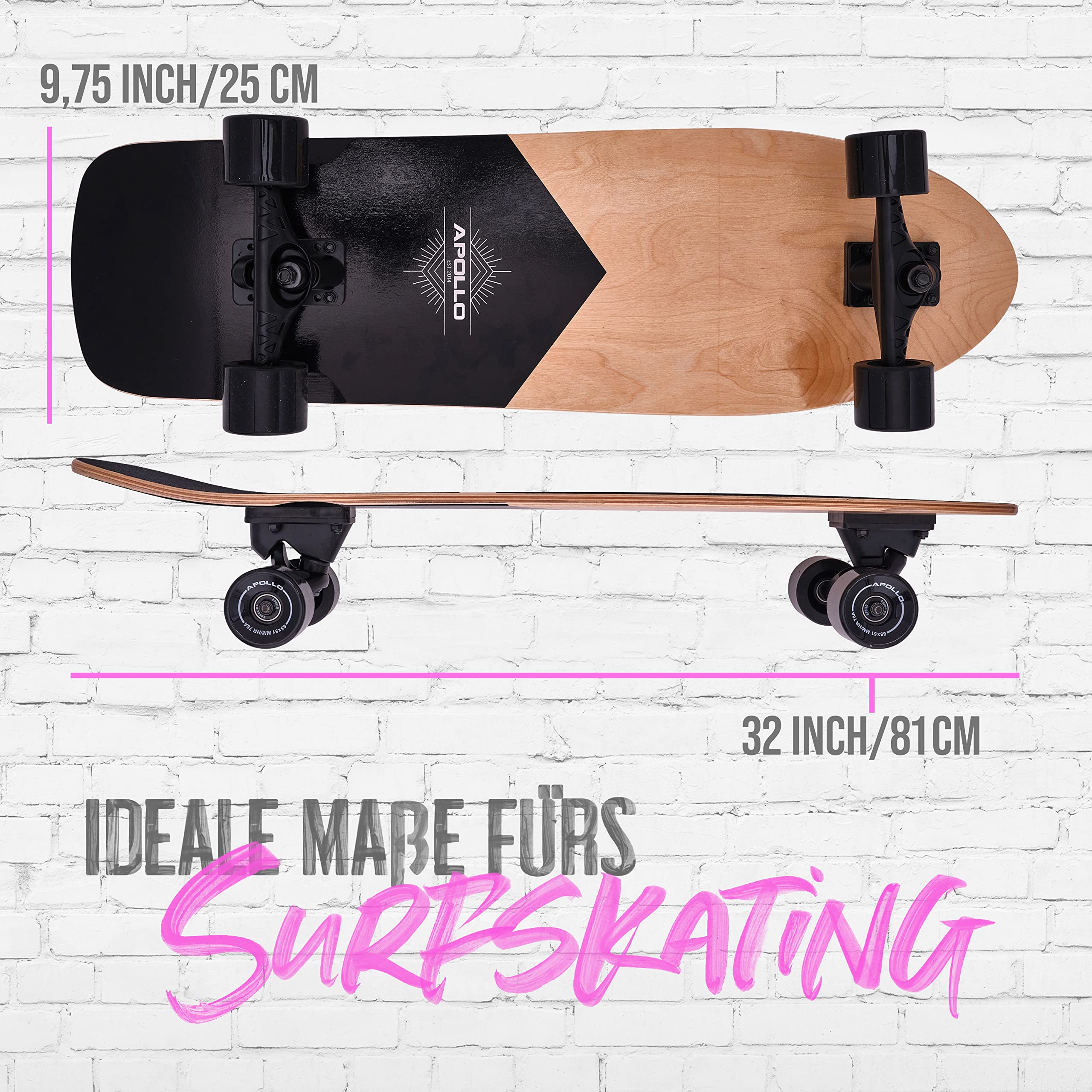 Apollo Surfskate pro Board | midi Longboard für Erwachsende, Kinder mit hochwertiger Surf Skate Achse | Mini Cruiser Board für Streetsurf | Carving & Pumping, Skateboard Kinder ab 6 Jahre