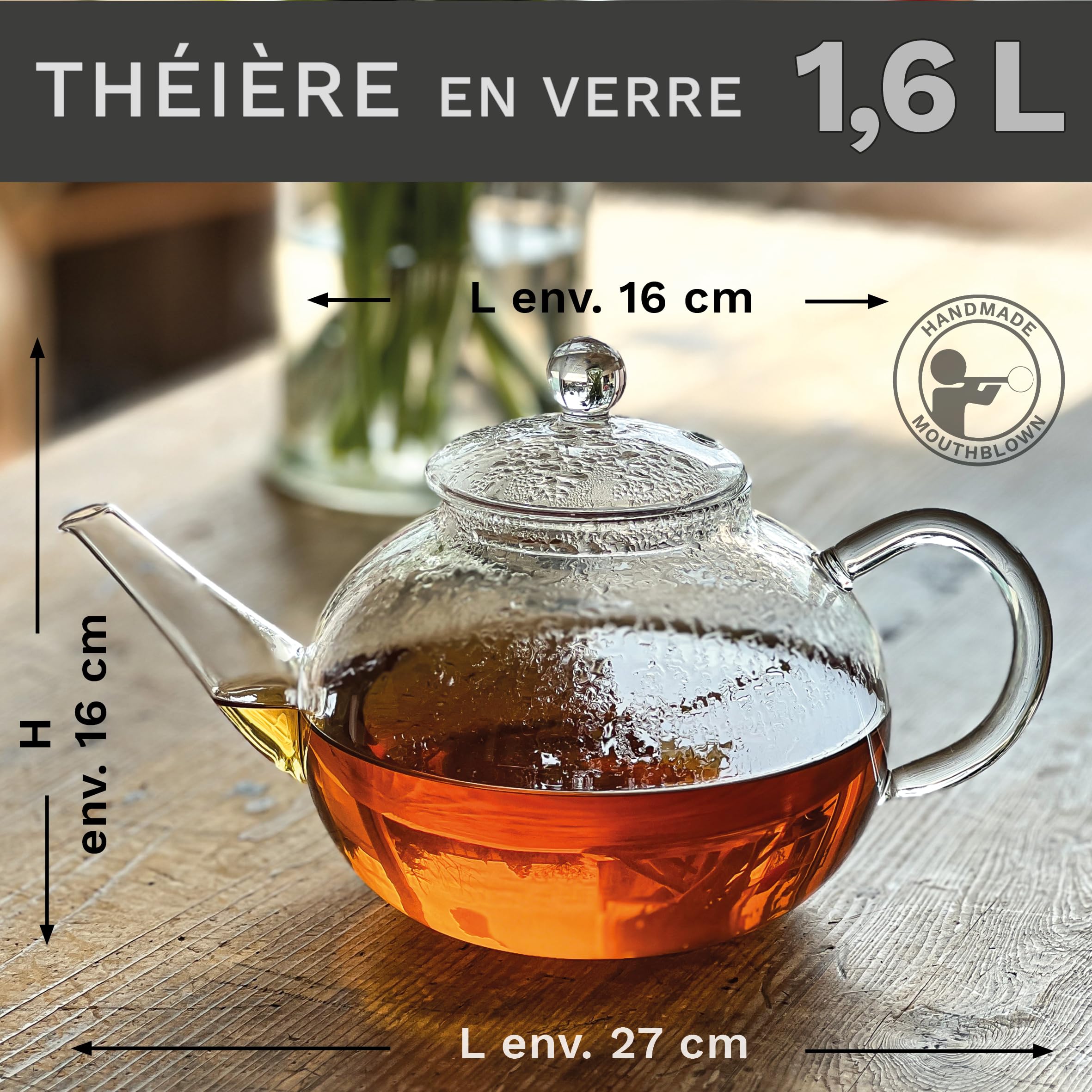 Creano Théière 1,6 l en verre anti-goutte avec filtre inox intégré et couvercle en verre – élégante et résistante à la chaleur – pour thé en vrac, thé en fleurs et tisanes