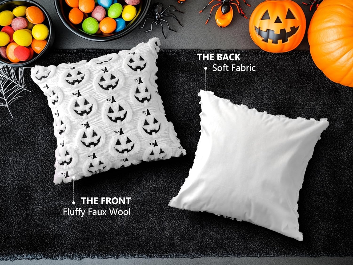4TH Emotion Halloween Pumpkin Decorative Pillow Covers 20x20 Set of 2, White Soft Plush Faux Fur Farmhouse Throw Cushion Cases for Fall Autumn Holiday Home Decorations