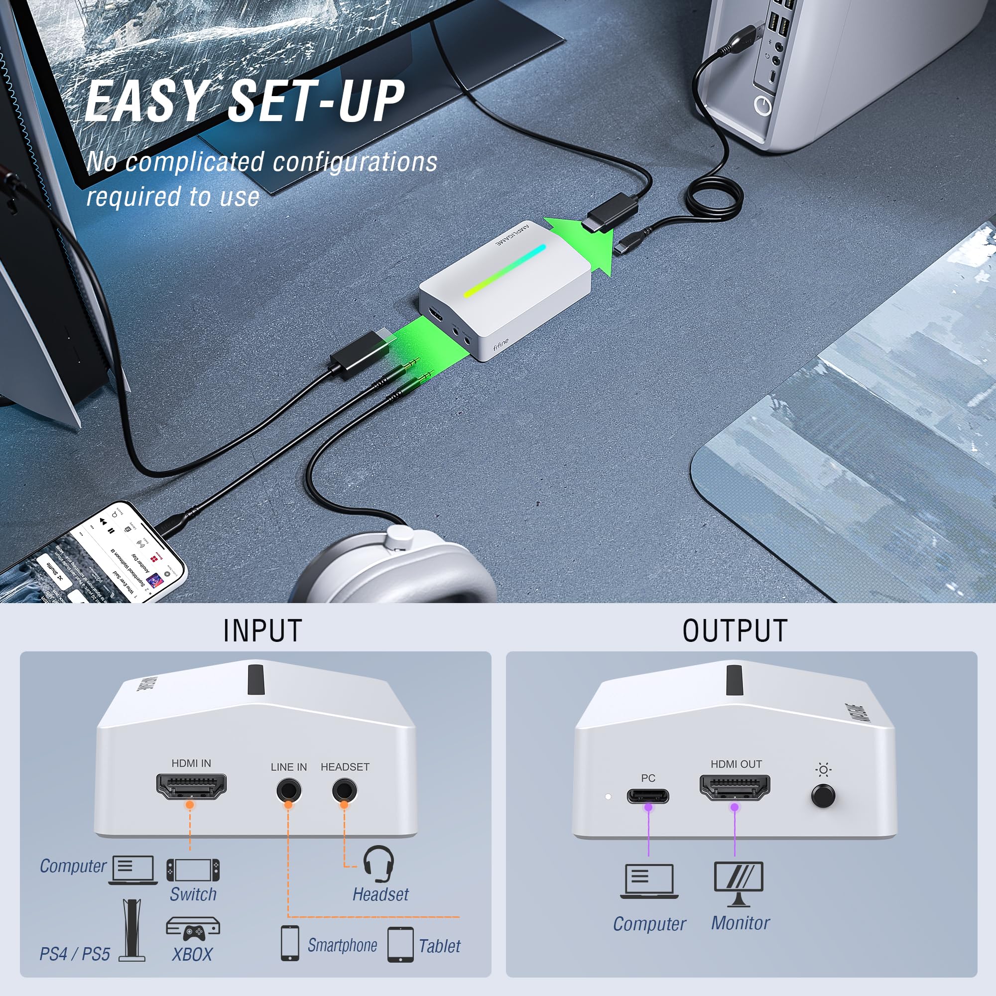 Fifine AmpliGame Carte de capture de jeu USB 4K HDMI, 1080p Audio Vidéo Carte de capture pour OBS Streaming avec RVB, HDMI, compatible avec Switch/XBOX/PS5/Computer-V3 Blanc