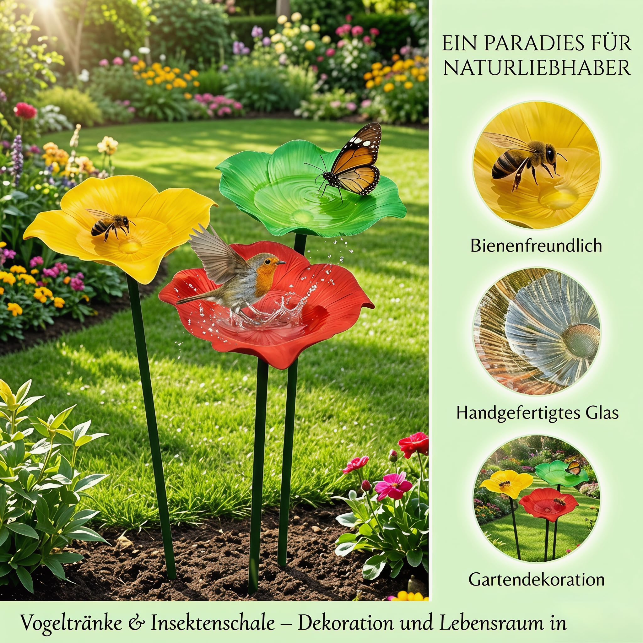 Vogeltränke Metall Futterstation Vögel Gartenstecker,Vogeltränke Winterfest Für Den Garten,Bienentränke Blume Insektentränke Flower Garden Stake Bird Bath, Gartens Für Bienens Schmetterlingstränke (C)