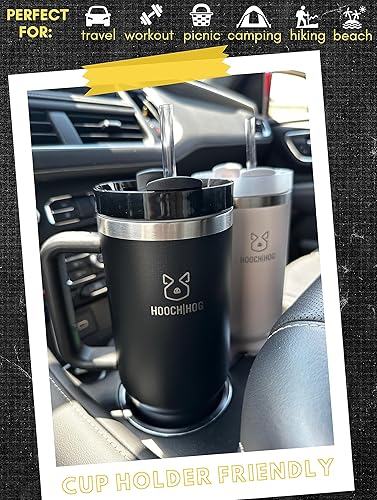 Miniatura 4 de Hooch Hog - Vaso con tapa con asa y pajilla, vaso aislado reutilizable y apto para agua, apto para portavasos (olas de barco crema)