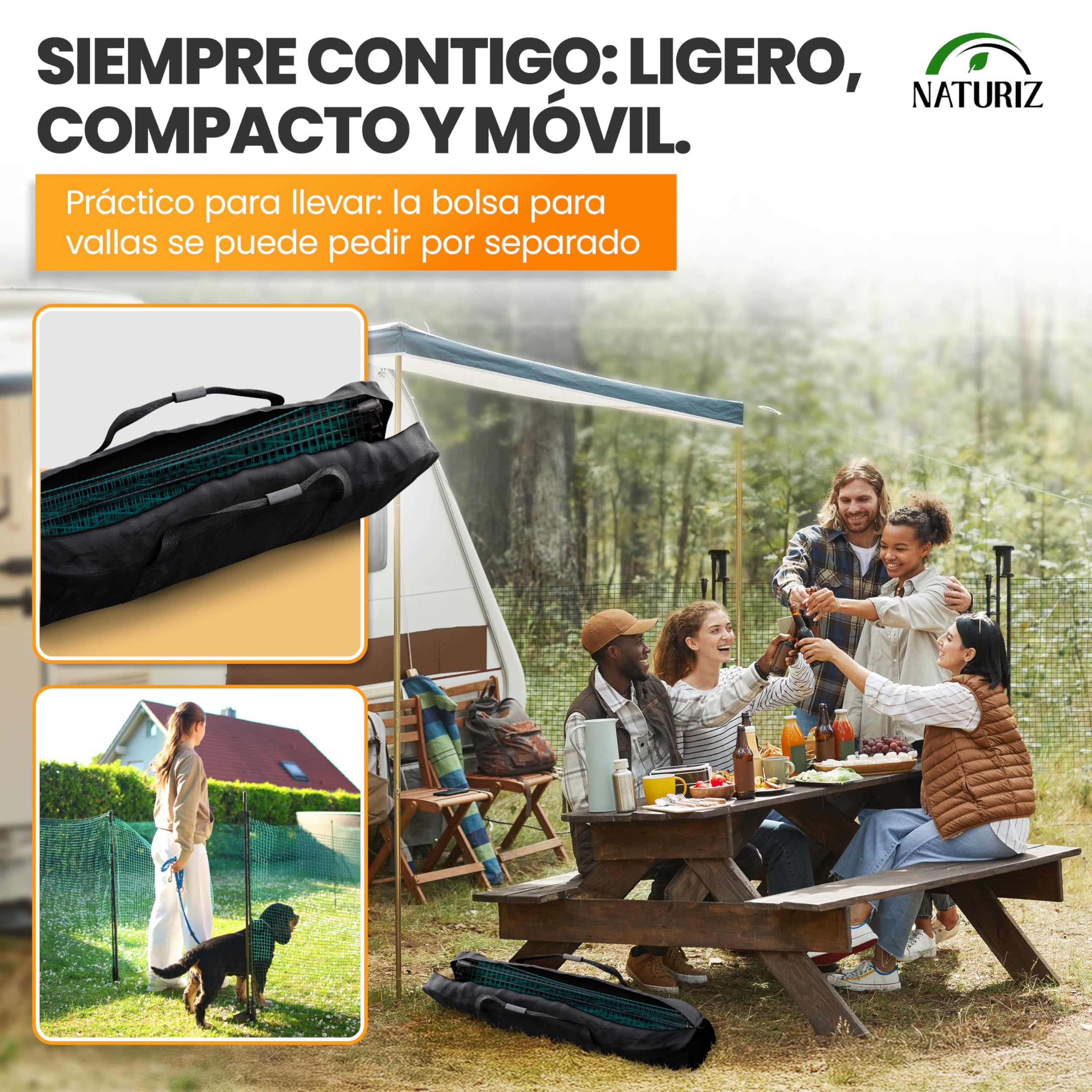 NATURIZ® Valla de mimbre con apertura con una sola mano – Puerta móvil para camping, jardín y pasto – Puerta de pasto con montaje y desmontaje rápido, sin electricidad