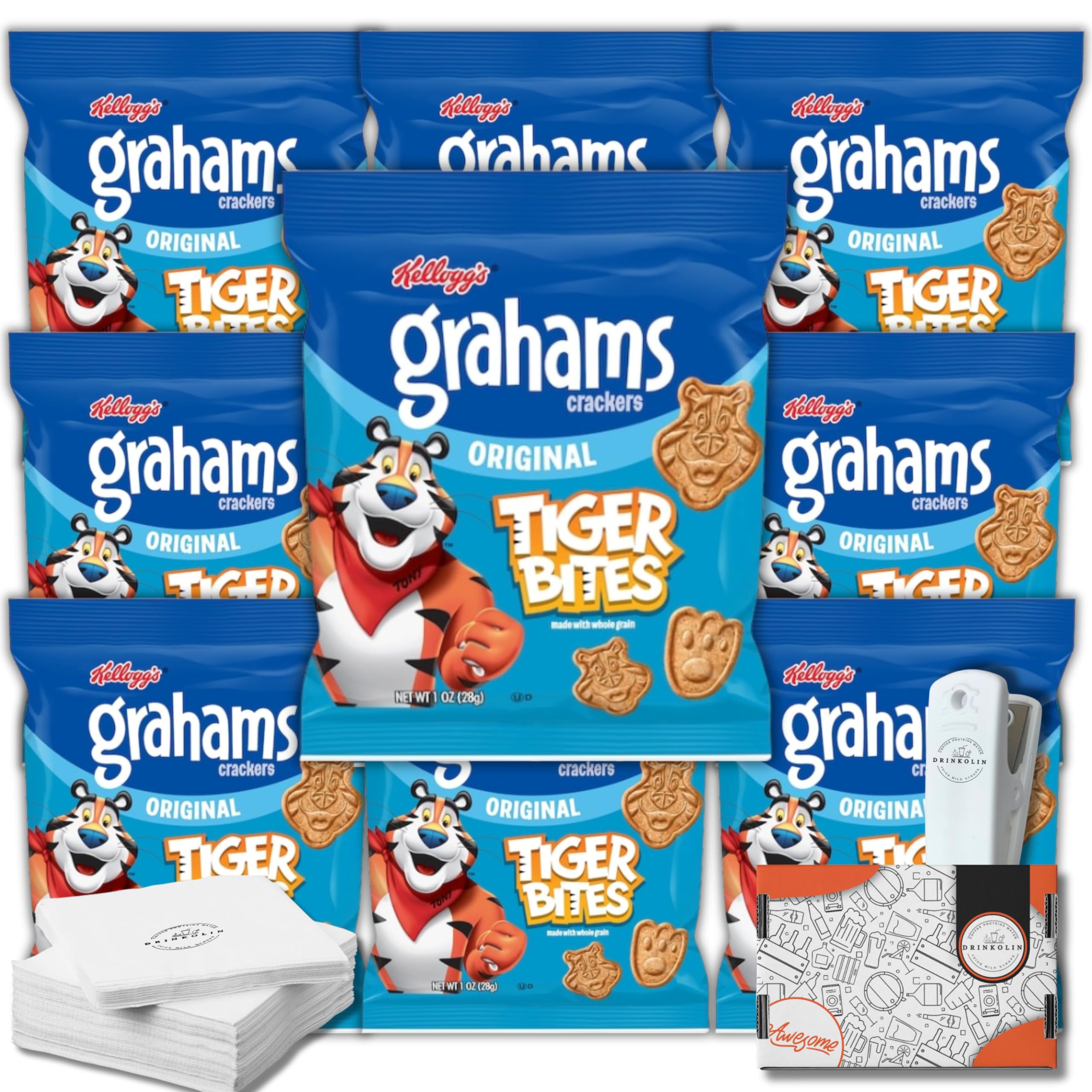 Kellogg's Tiger Bites Crackers Bulk Pack Original - 10 Individually 1oz Bags Box - For Lunch Boxes, Car Rides, Sporting Events, Work Desk, Gym Bag, Quick Snack By Drinkolin