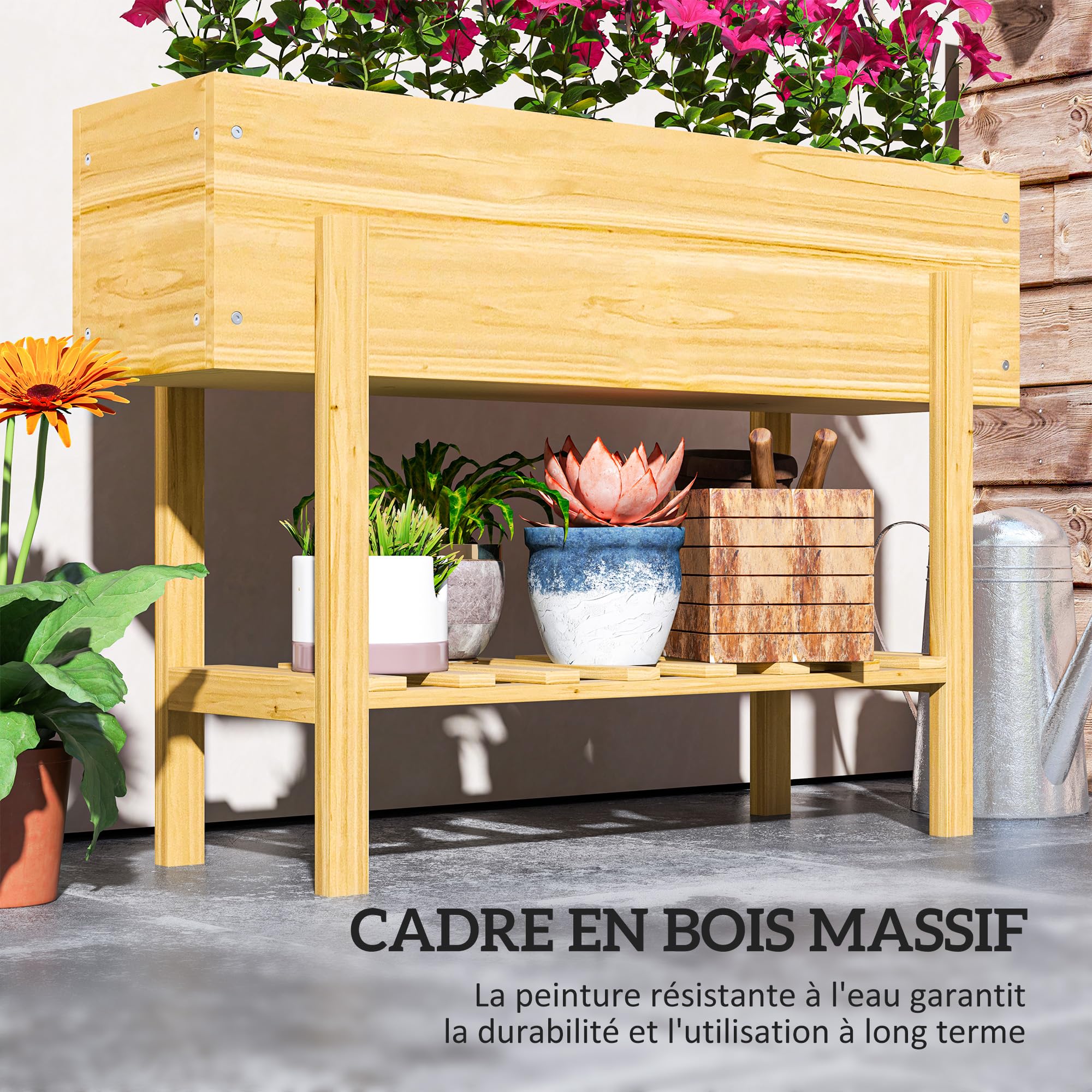 Outsunny Jardinière sur Pieds Potager 100 x 30 x 70,5 cm Bois Naturel | Carré Potager De Jardin Sur Pieds, 2 Trous De Drainage, En Bois, pour Fleurs Herbes Légumes