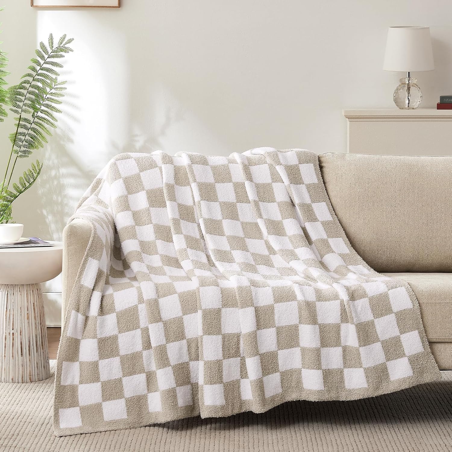 Checkered Throw Blanket, Taupe Soft Cozy Fluffy Knitted Throw Blankets for Couch, Sofa, Bed, Chair, Warm Fuzzy Travel Picnic Lightweight Plaid Blanket, 60x80 inches
