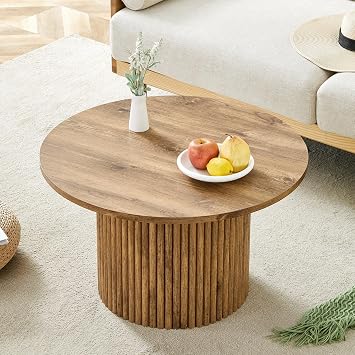 JUFU Round Coffee Table with Storage, 27.5" Fluted Coffee Table, Natural Wood Look Circle Center Table for Living Room, Modern Small Coffee Table for Apartment, Bedroom and Office