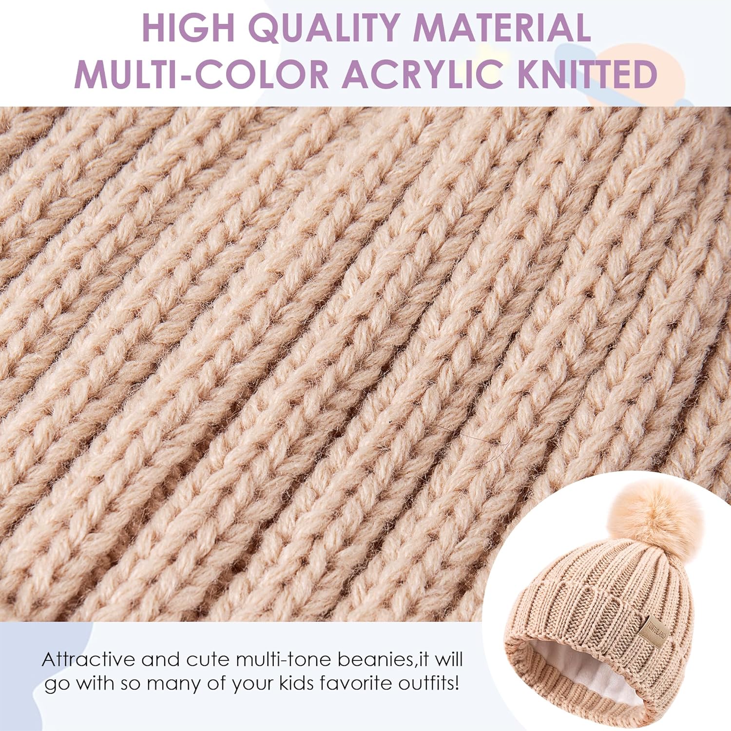 Children's Winter Warm Pompom Hat Fleece Lined Knit Beanie for Kids Aged 3-9, Perfect for Boys and Girls - Image 4