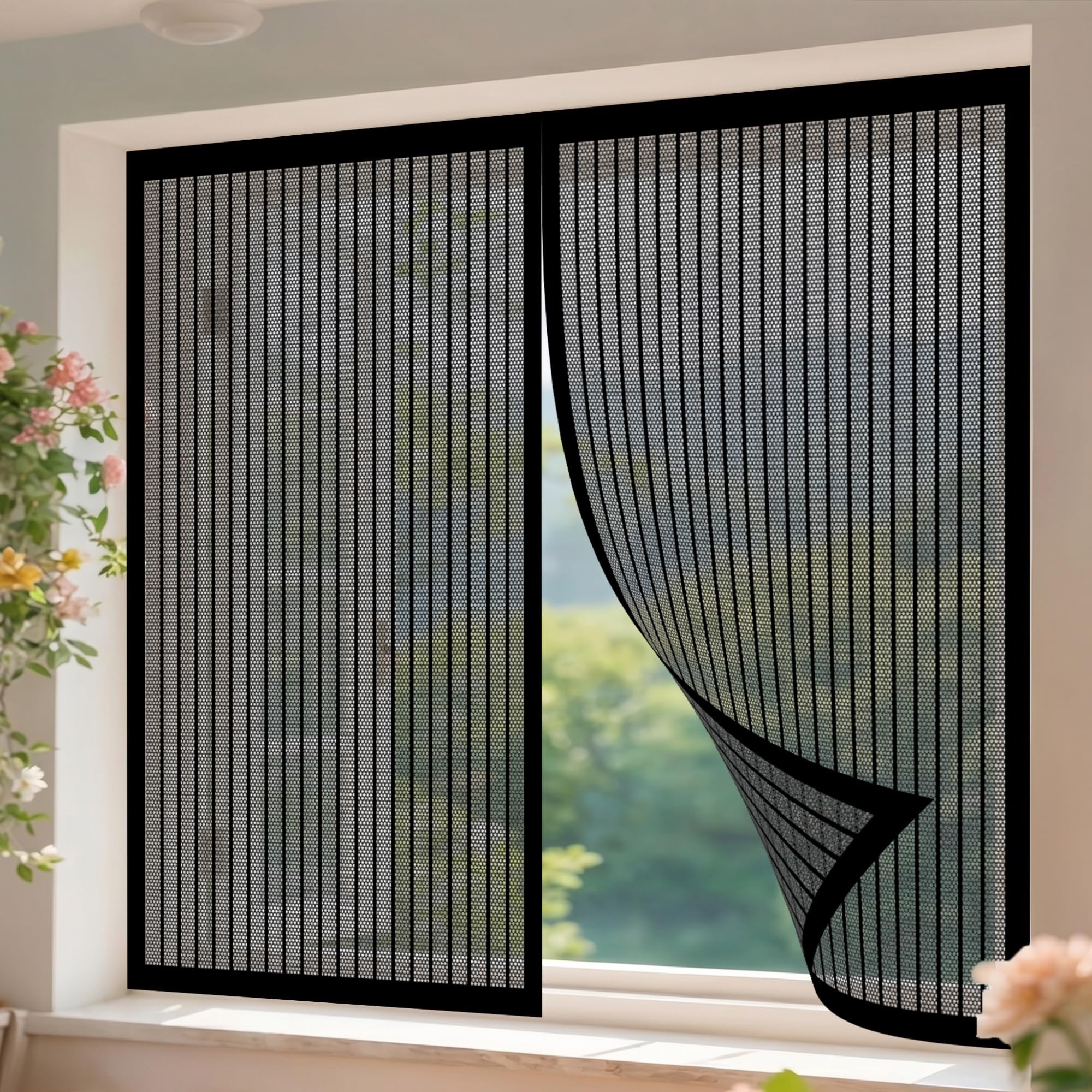Magnetic Window Screen 162 x 145 cm Easy Installation Bug Net Fly Screen Window Nets Excellent Airflow for Windows, Black