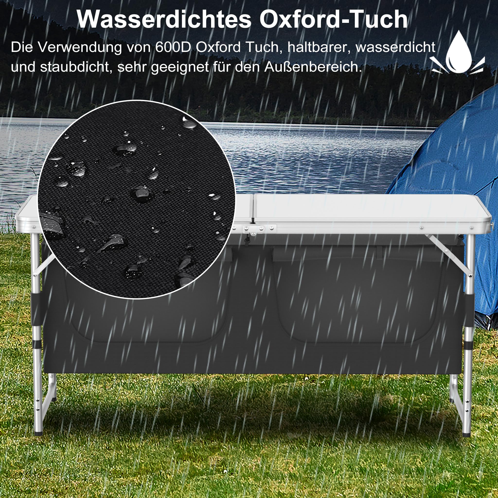 FIVMEN Campingküche Faltbar Campingschrank mit Aluminiumgestell und Staufächer Höhenverstellbar Reiseküche Küchenbox Zeltschrank Camping Zubehör für Outdoor Camping Küche, 120x47x54 cm