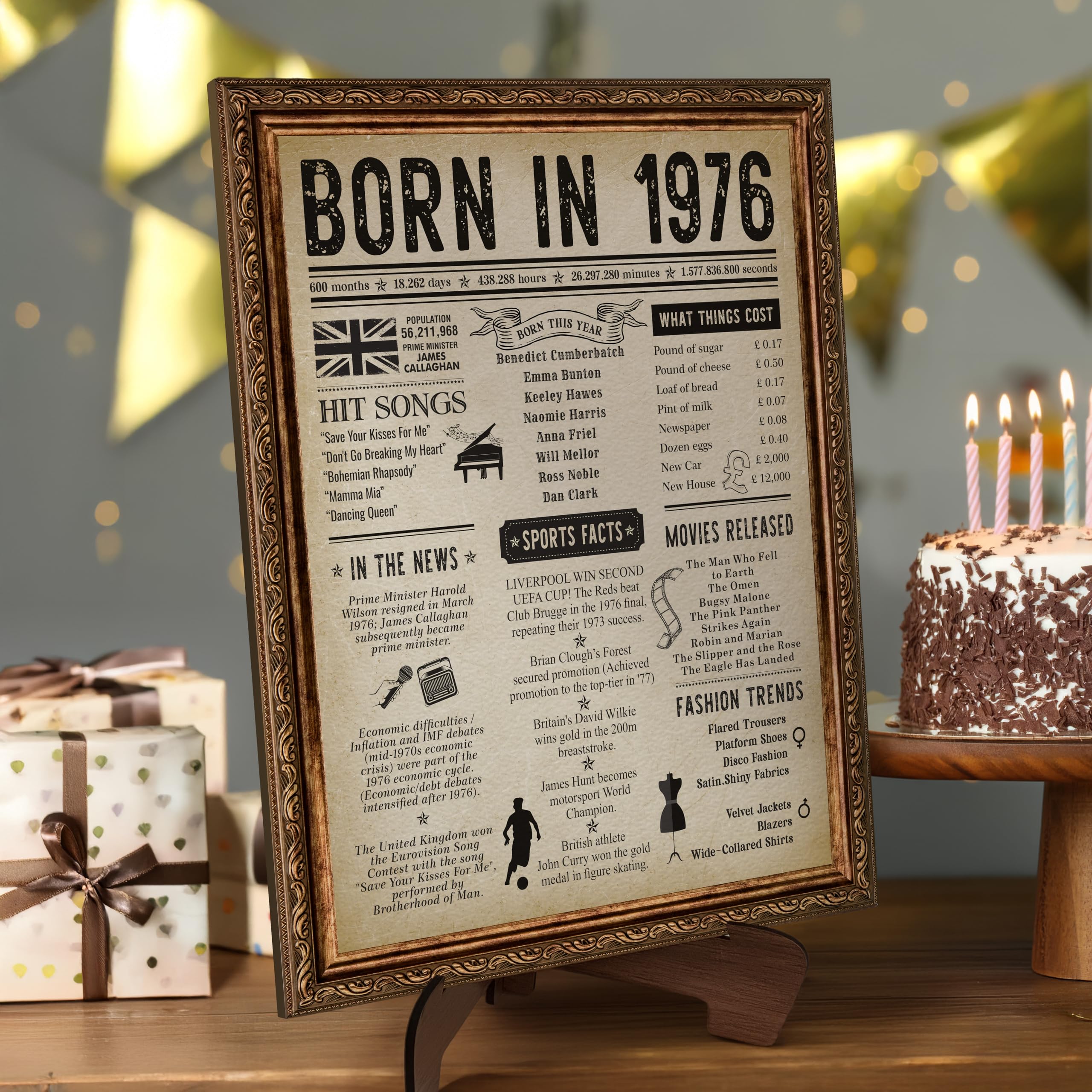 CROWNLY CRYSTAL® Born in 1976 Retro Wall Art 50th Birthday Gift Vintage Wall Art Retro Home Decor UK Facts Print British History Year You Were Born 1976 Poster