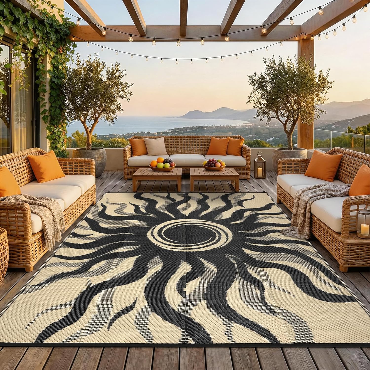 GarveeHome Outdoor Rug 8x10 Patio Waterproof, Reversible Plastic Straw Rugs for Camping, Picnic, Balcony, Porch, RV, Easy-Clean & Quick Dry Sun Pattern Large Indoor Outdoor Carpet, Navy Blue
