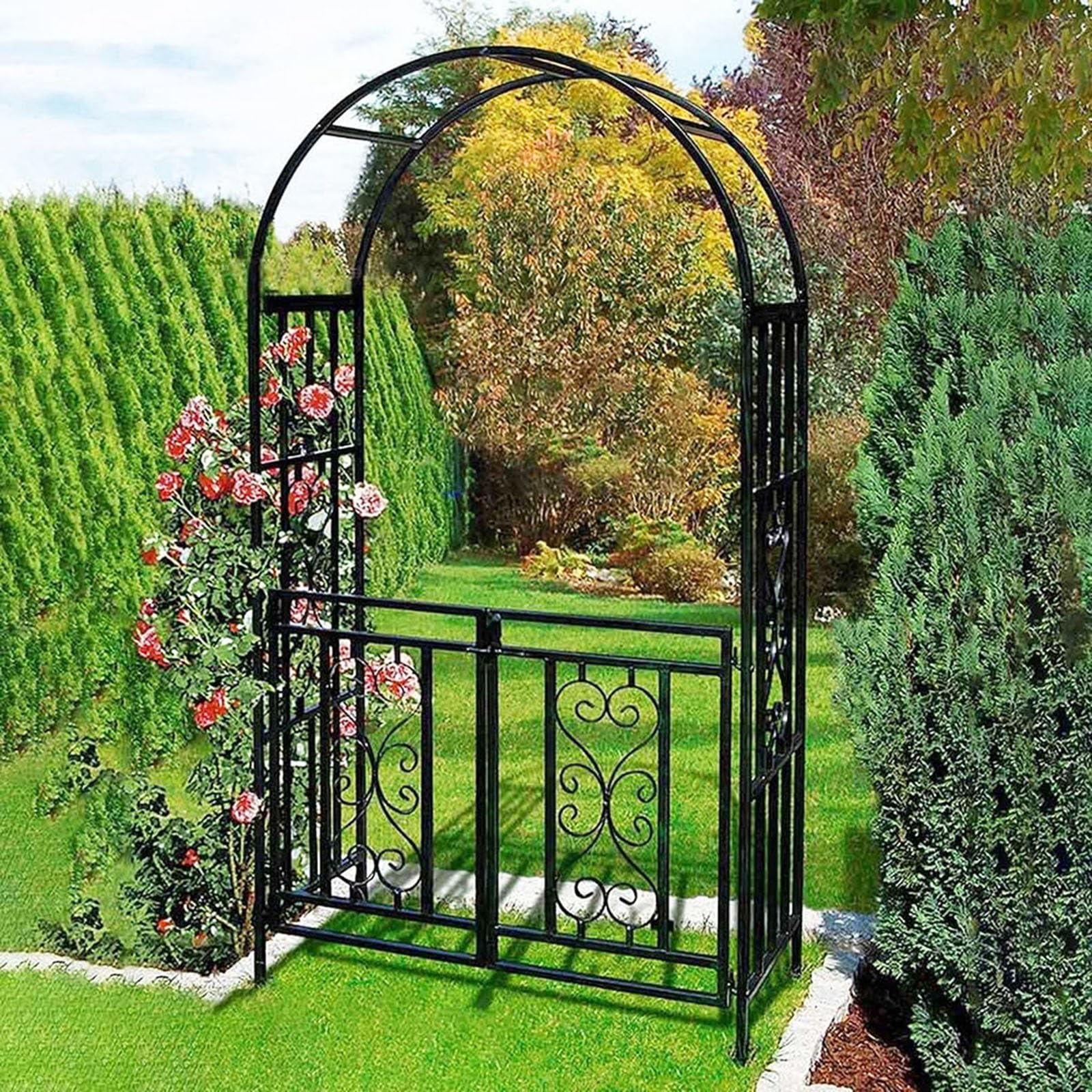 Arche de jardin en acier blanc avec porte 114x210x52 cm pour rosiers