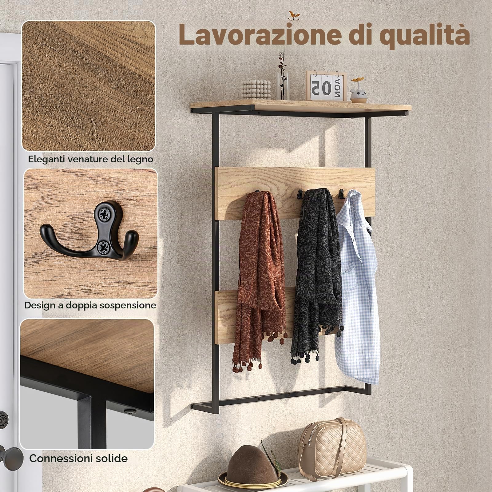 HOMASIS Appendiabiti da Parete Con Mensola in Metallo, 6 Ganci e Ripiano di Presentazione, Poco Ingombrante per Ingresso, Camera da Letto, S